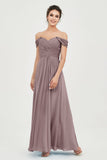 Off the Shoulder Ruched Chiffon Bridesmaid Dress Cap Pleated Formal Evening Dresses