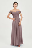 Off the Shoulder Ruched Chiffon Bridesmaid Dress Cap Pleated Formal Evening Dresses