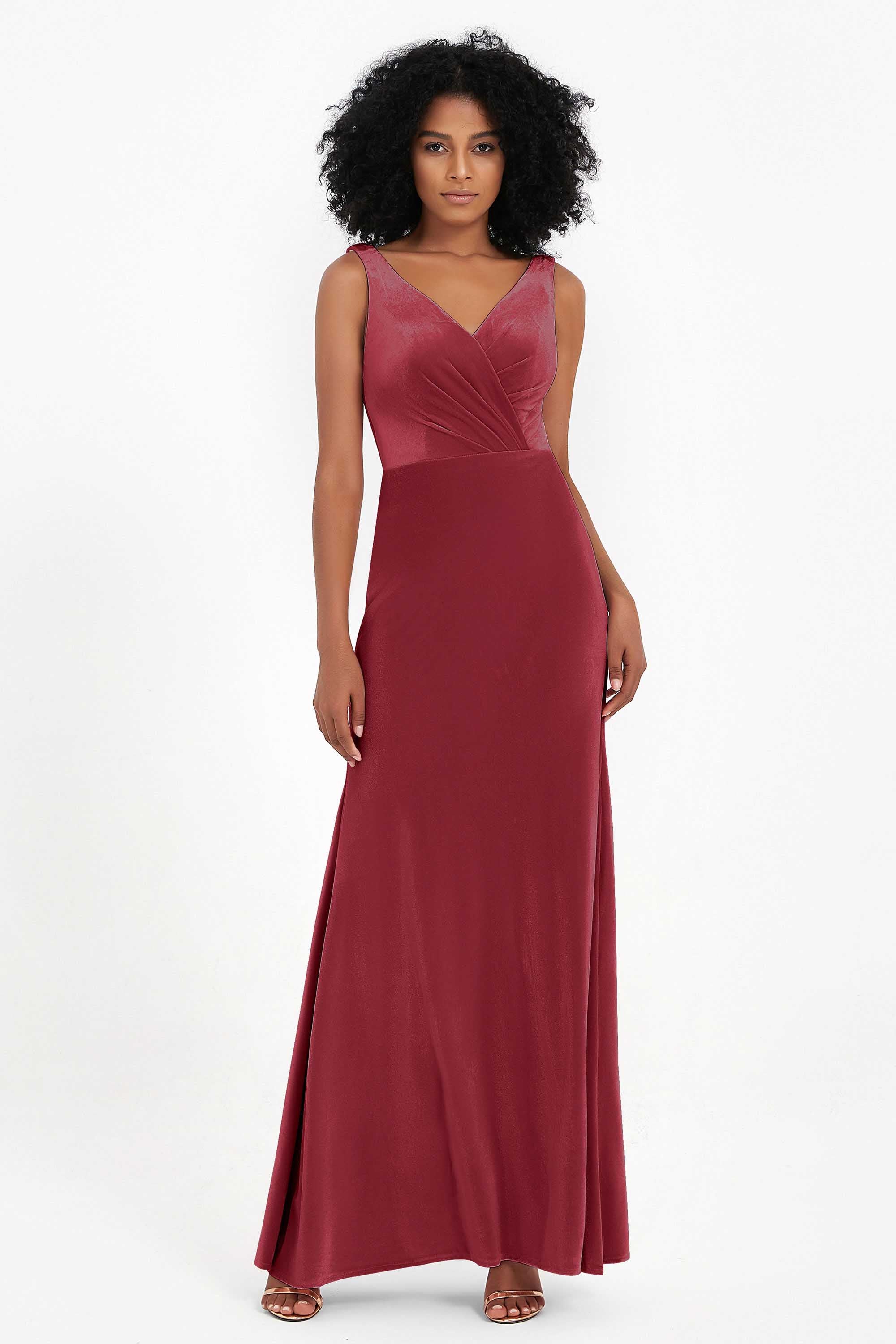 V-neck Velvet Sleeveless Formal Evening Dresses Sheath Long Bridesmaid Prom Party Dress Gowns