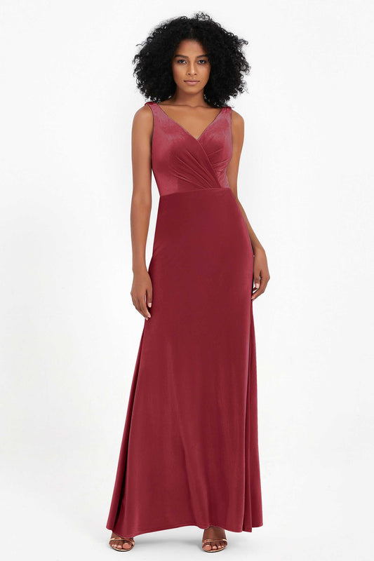 V-neck Velvet Sleeveless Formal Evening Dresses Sheath Long Bridesmaid Prom Party Dress Gowns