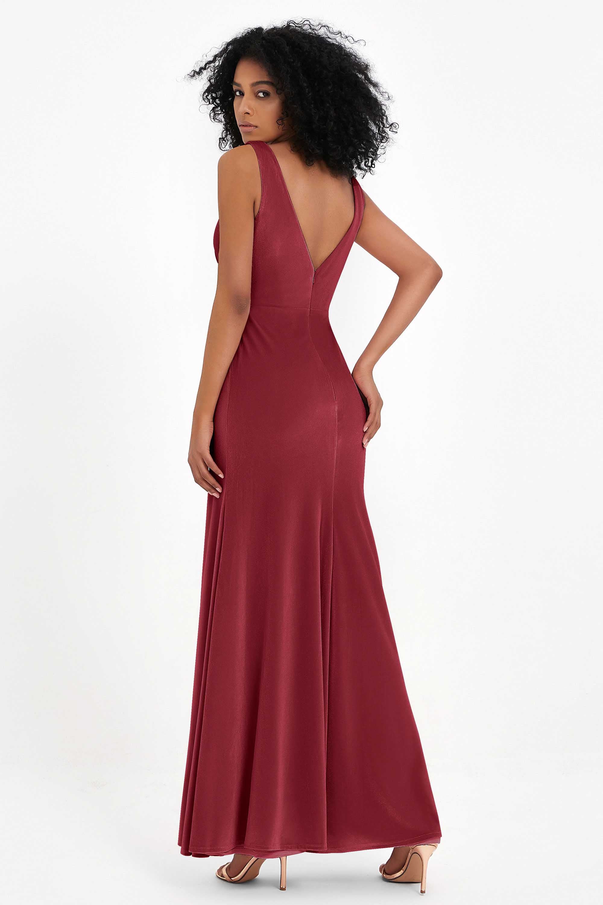 V-neck Velvet Sleeveless Formal Evening Dresses Sheath Long Bridesmaid Prom Party Dress Gowns