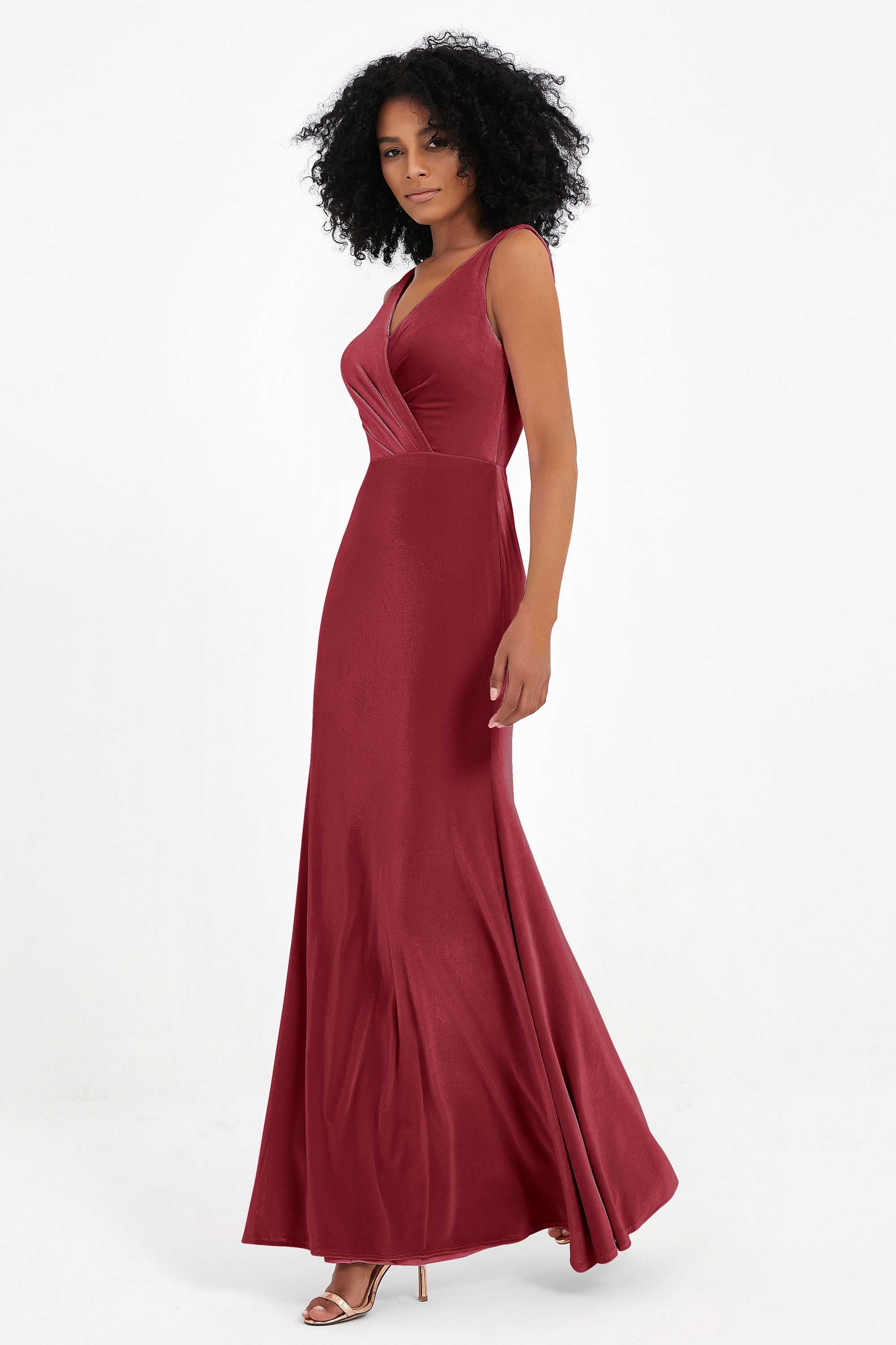 V-neck Velvet Sleeveless Formal Evening Dresses Sheath Long Bridesmaid Prom Party Dress Gowns