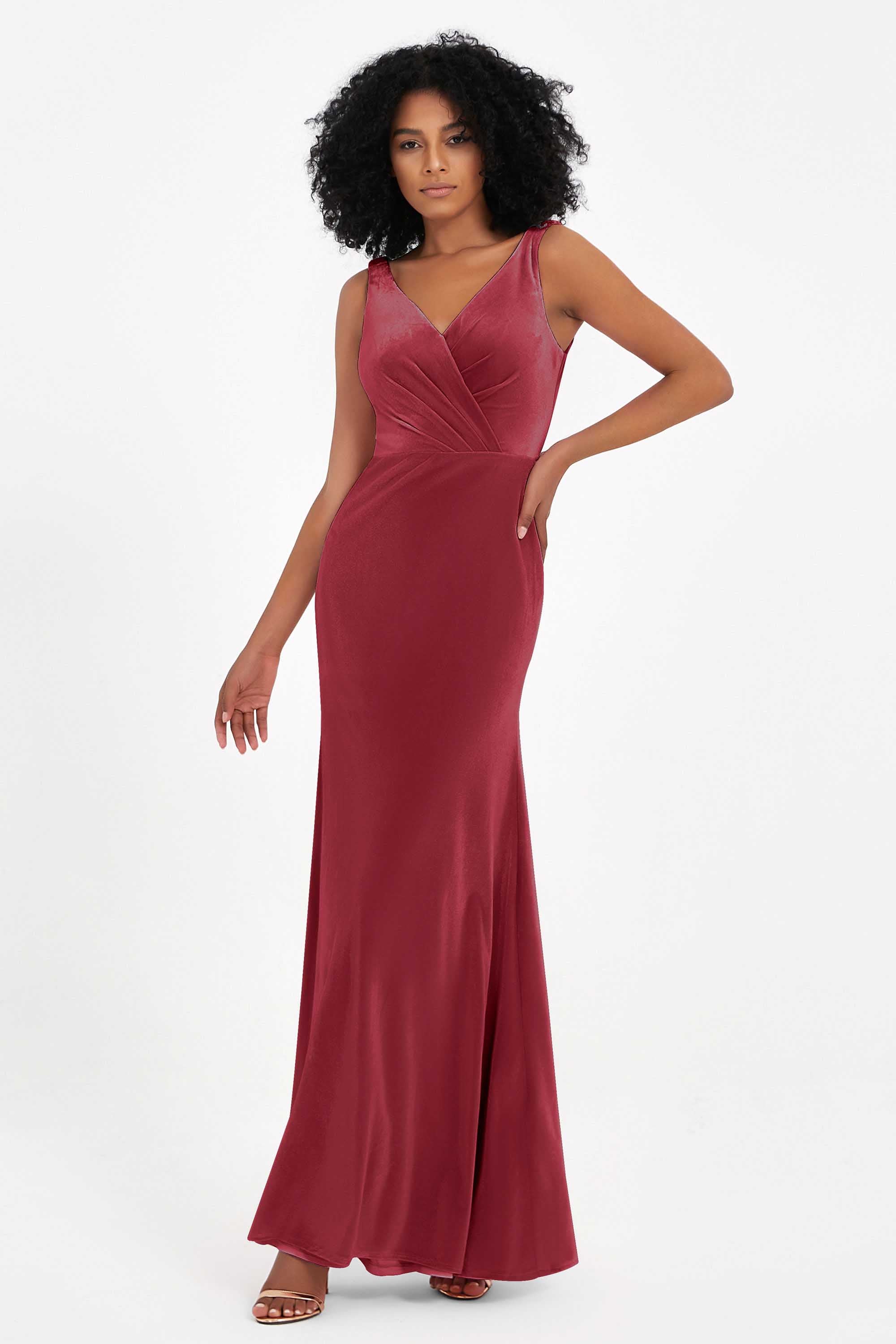 V-neck Velvet Sleeveless Formal Evening Dresses Sheath Long Bridesmaid Prom Party Dress Gowns