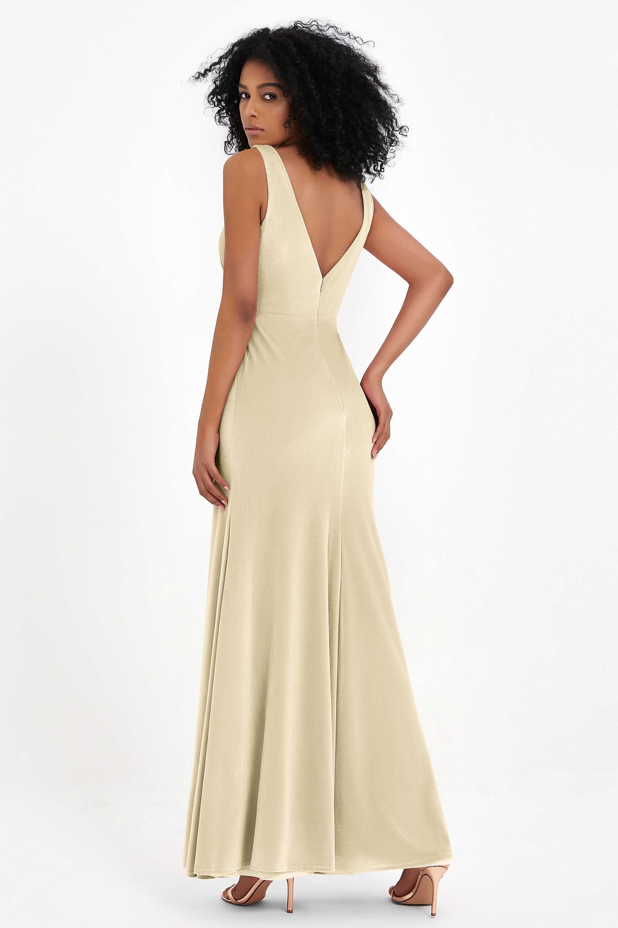 V-neck Velvet Sleeveless Formal Evening Dresses Sheath Long Bridesmaid Prom Party Dress Gowns