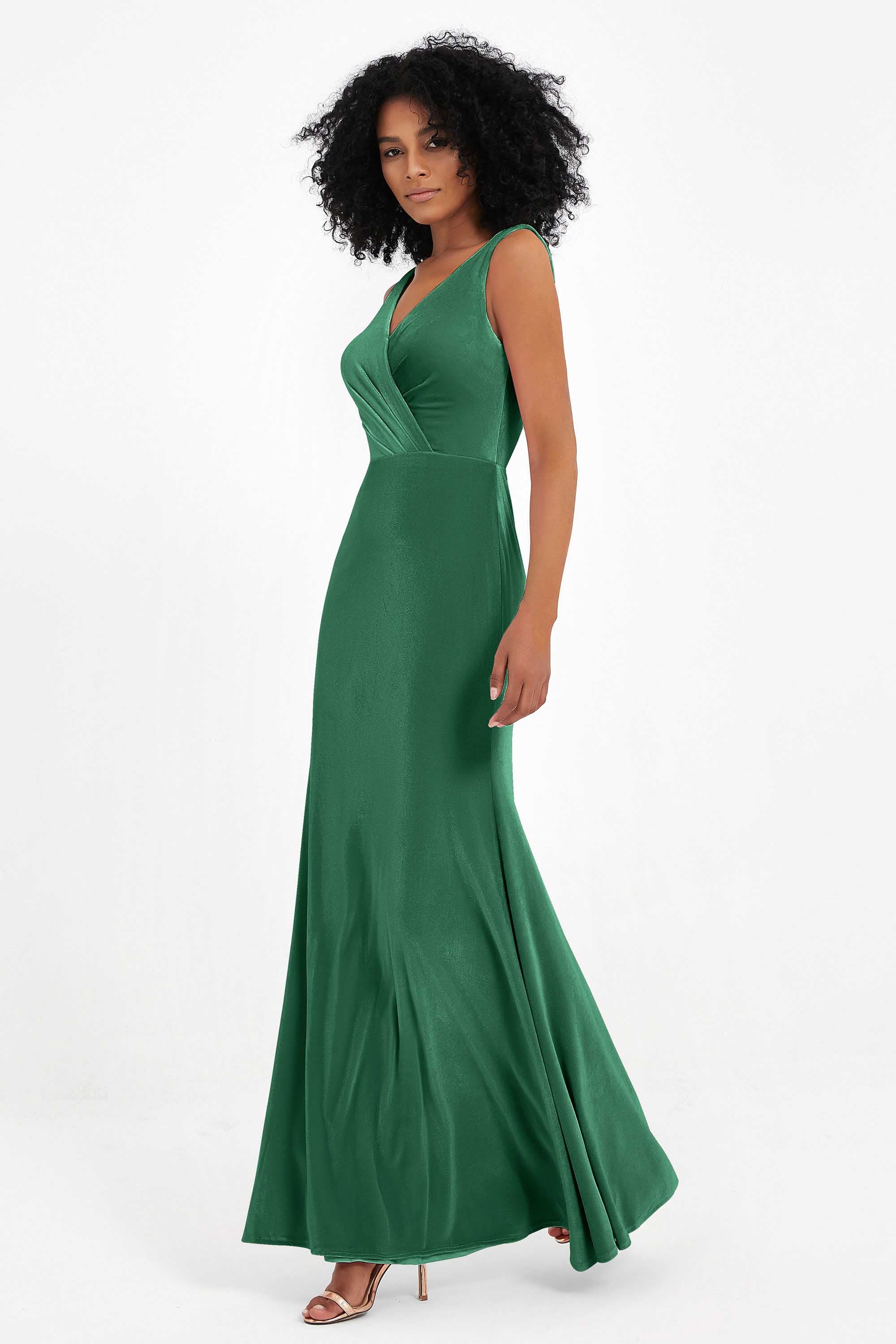 V-neck Velvet Sleeveless Formal Evening Dresses Sheath Long Bridesmaid Prom Party Dress Gowns
