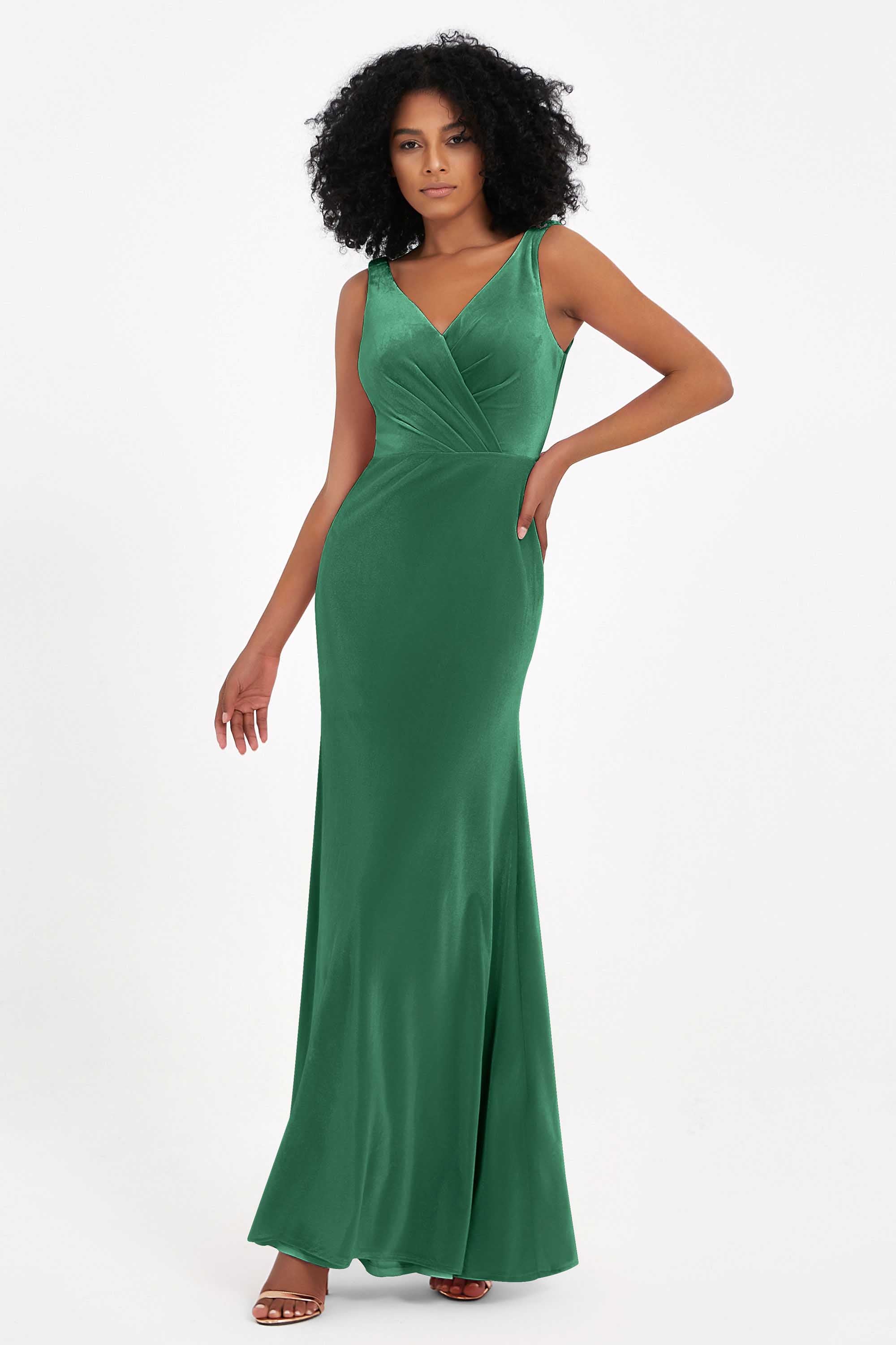 V-neck Velvet Sleeveless Formal Evening Dresses Sheath Long Bridesmaid Prom Party Dress Gowns