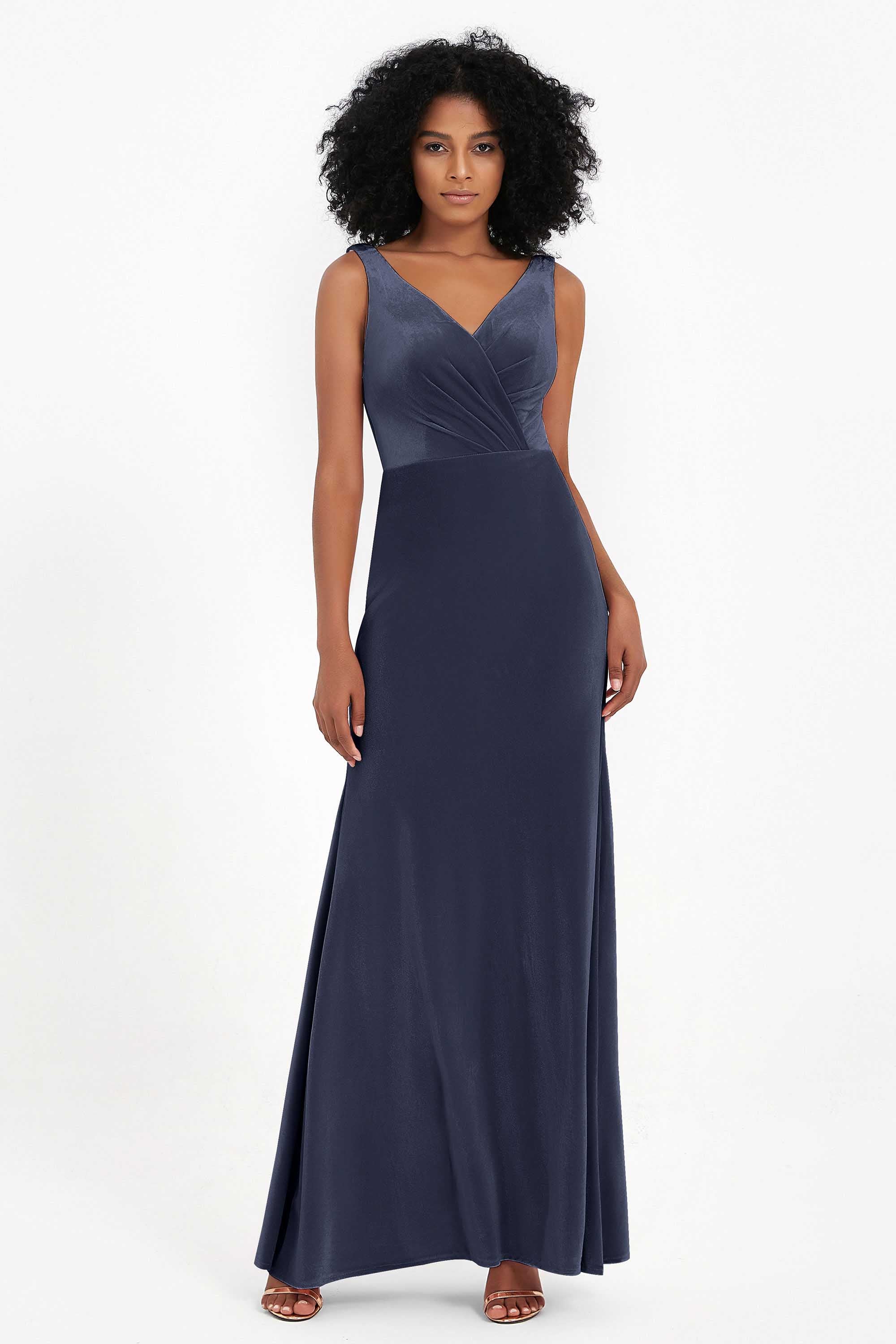 V-neck Velvet Sleeveless Formal Evening Dresses Sheath Long Bridesmaid Prom Party Dress Gowns