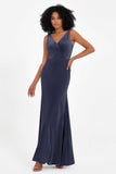 V-neck Velvet Sleeveless Formal Evening Dresses Sheath Long Bridesmaid Prom Party Dress Gowns