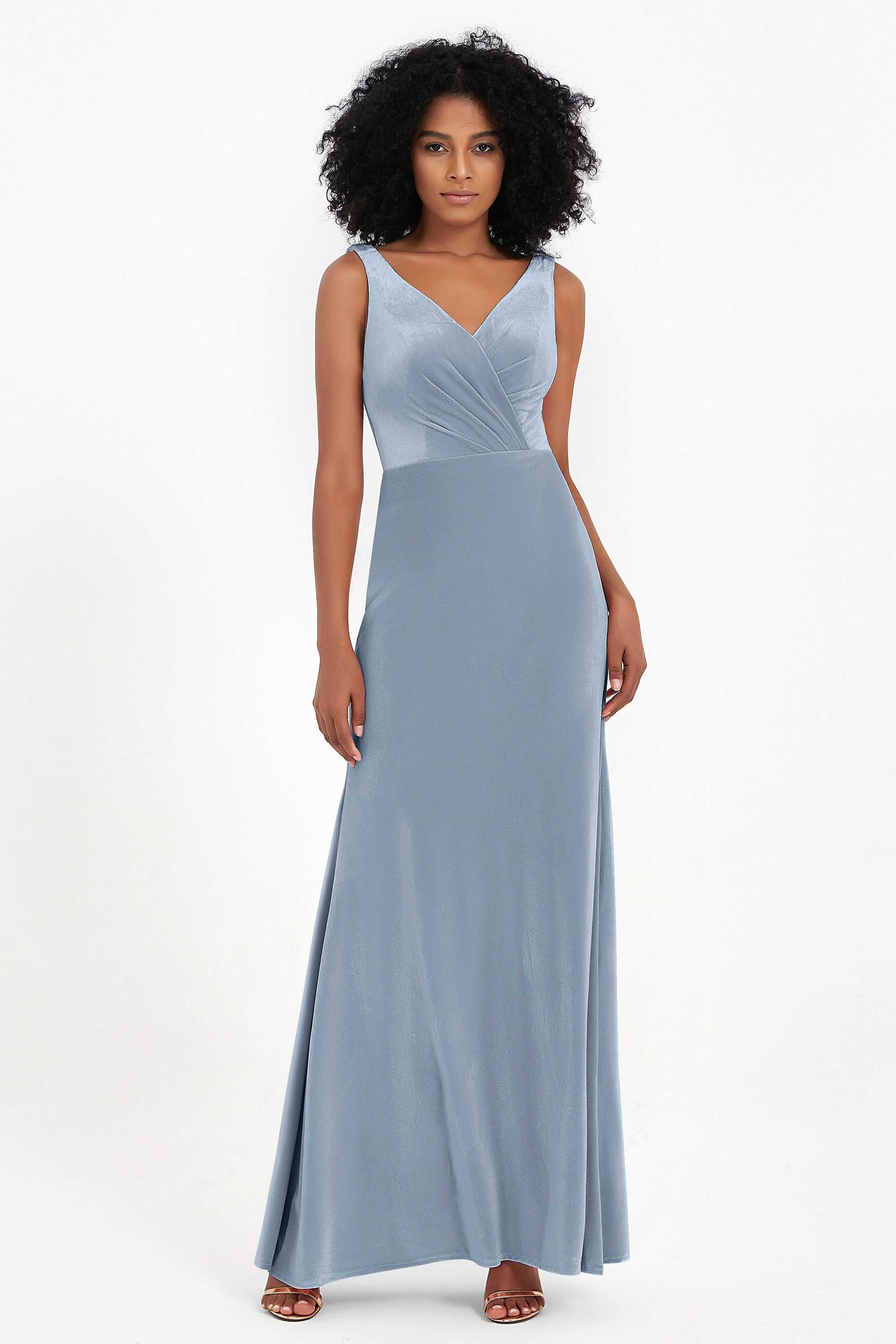 V-neck Velvet Sleeveless Formal Evening Dresses Sheath Long Bridesmaid Prom Party Dress Gowns