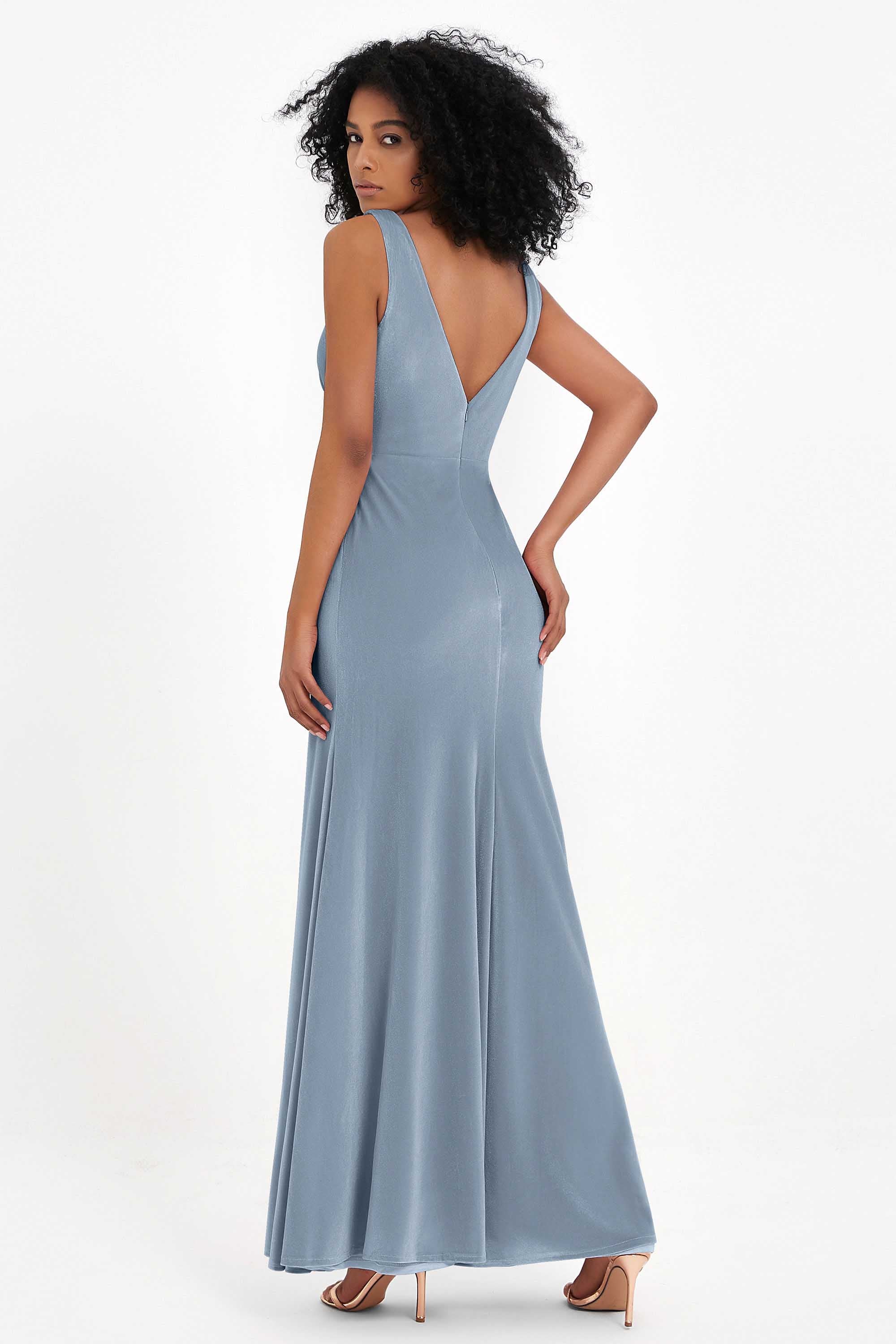 V-neck Velvet Sleeveless Formal Evening Dresses Sheath Long Bridesmaid Prom Party Dress Gowns