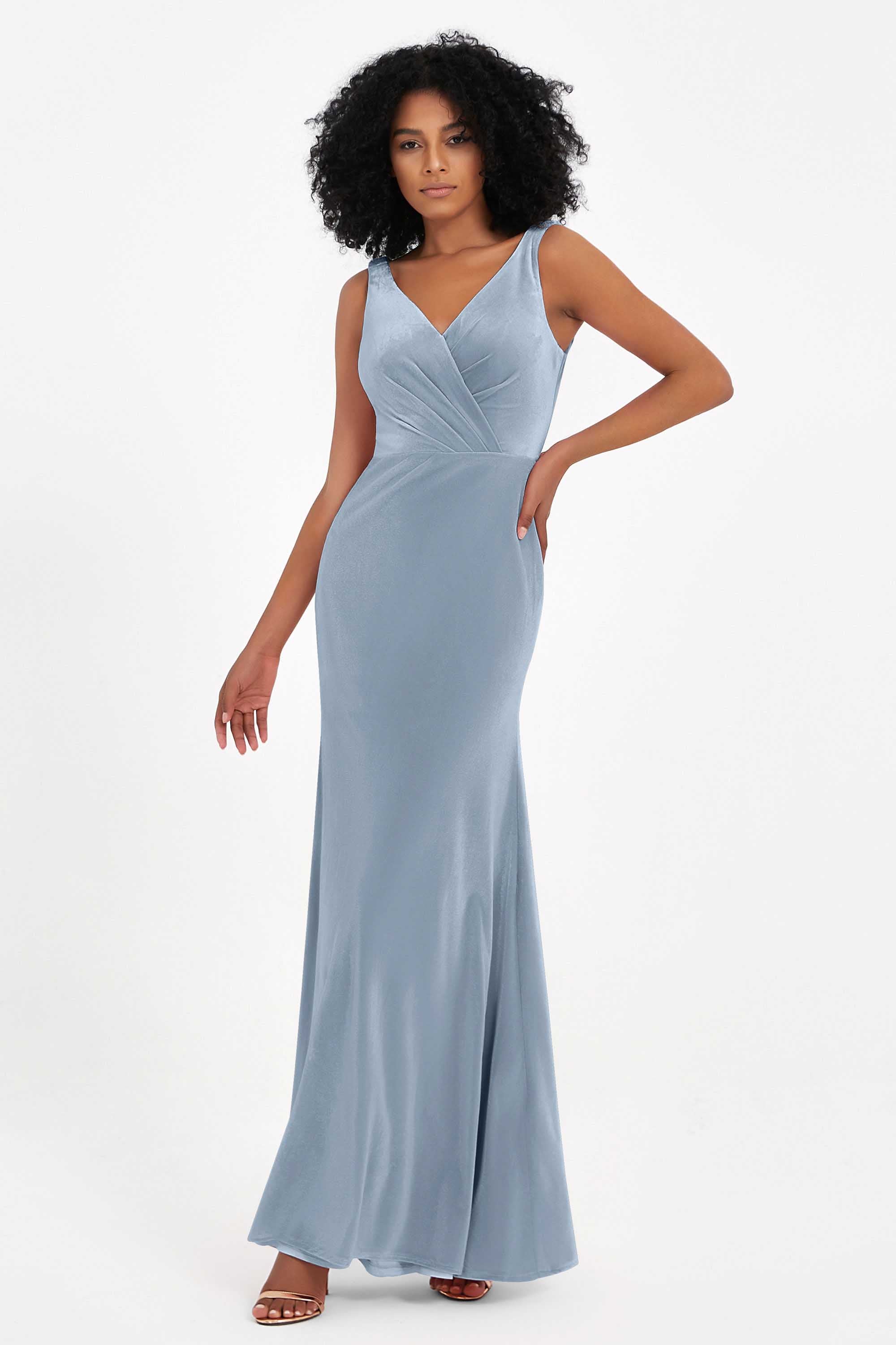 V-neck Velvet Sleeveless Formal Evening Dresses Sheath Long Bridesmaid Prom Party Dress Gowns