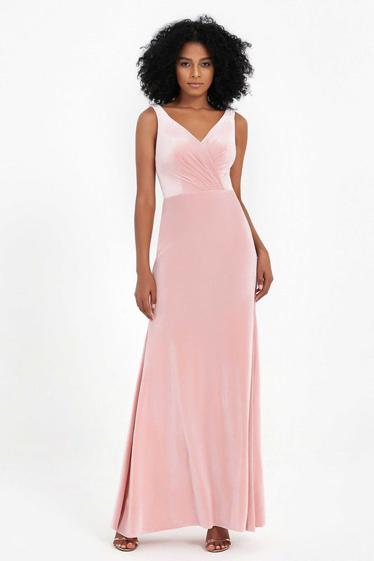 V-neck Velvet Sleeveless Formal Evening Dresses Sheath Long Bridesmaid Prom Party Dress Gowns