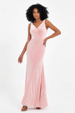 V-neck Velvet Sleeveless Formal Evening Dresses Sheath Long Bridesmaid Prom Party Dress Gowns