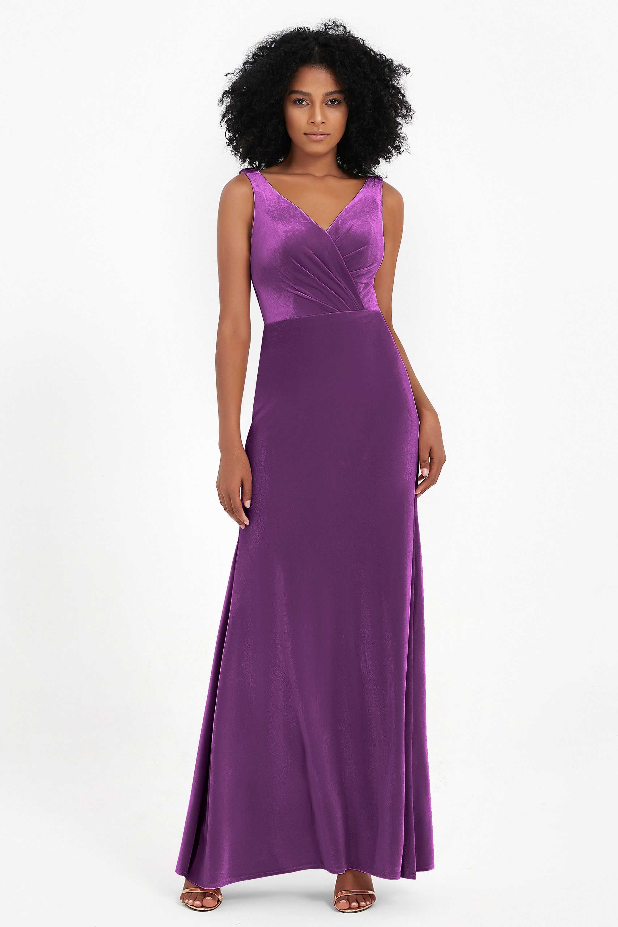 V-neck Velvet Sleeveless Formal Evening Dresses Sheath Long Bridesmaid Prom Party Dress Gowns