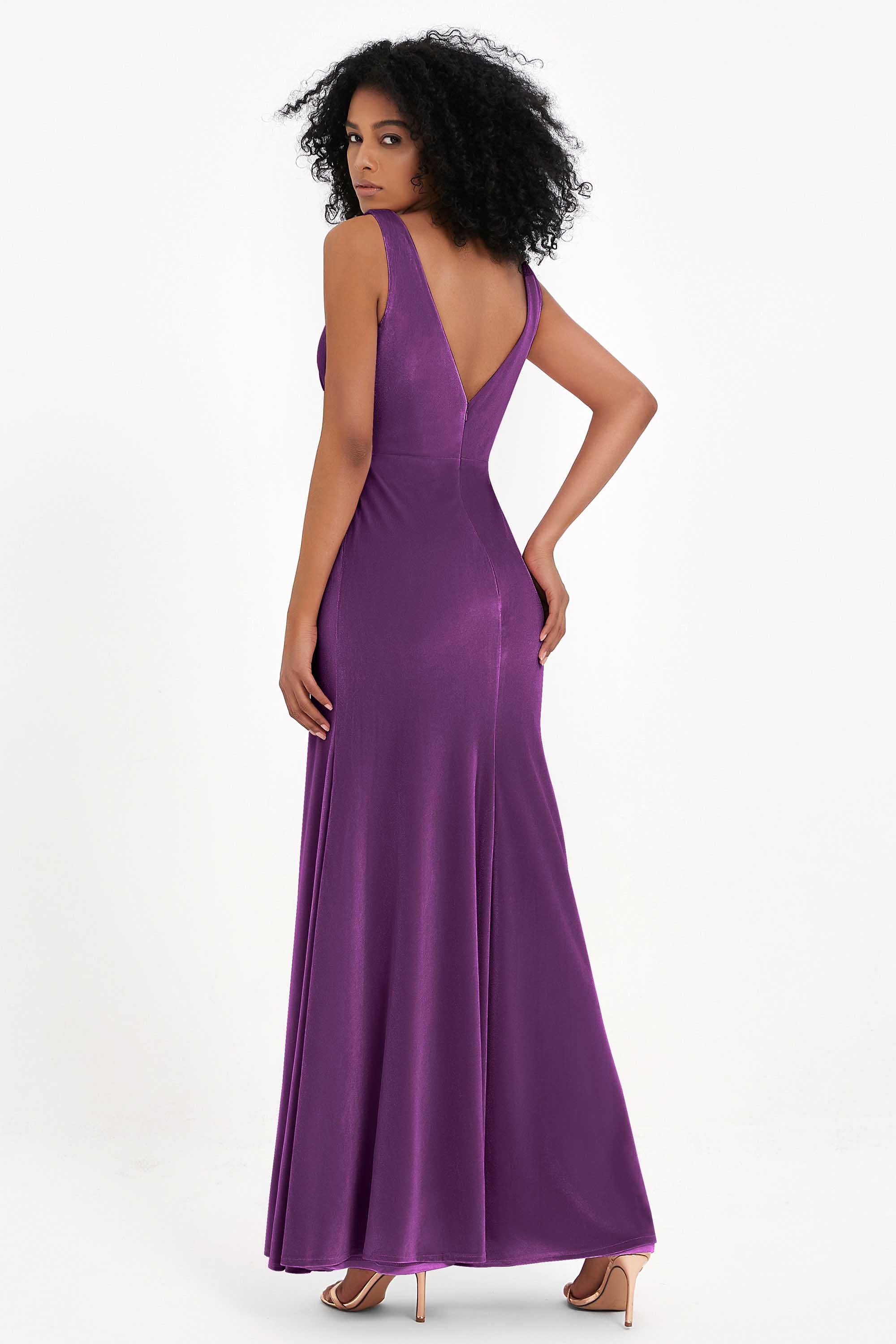 V-neck Velvet Sleeveless Formal Evening Dresses Sheath Long Bridesmaid Prom Party Dress Gowns