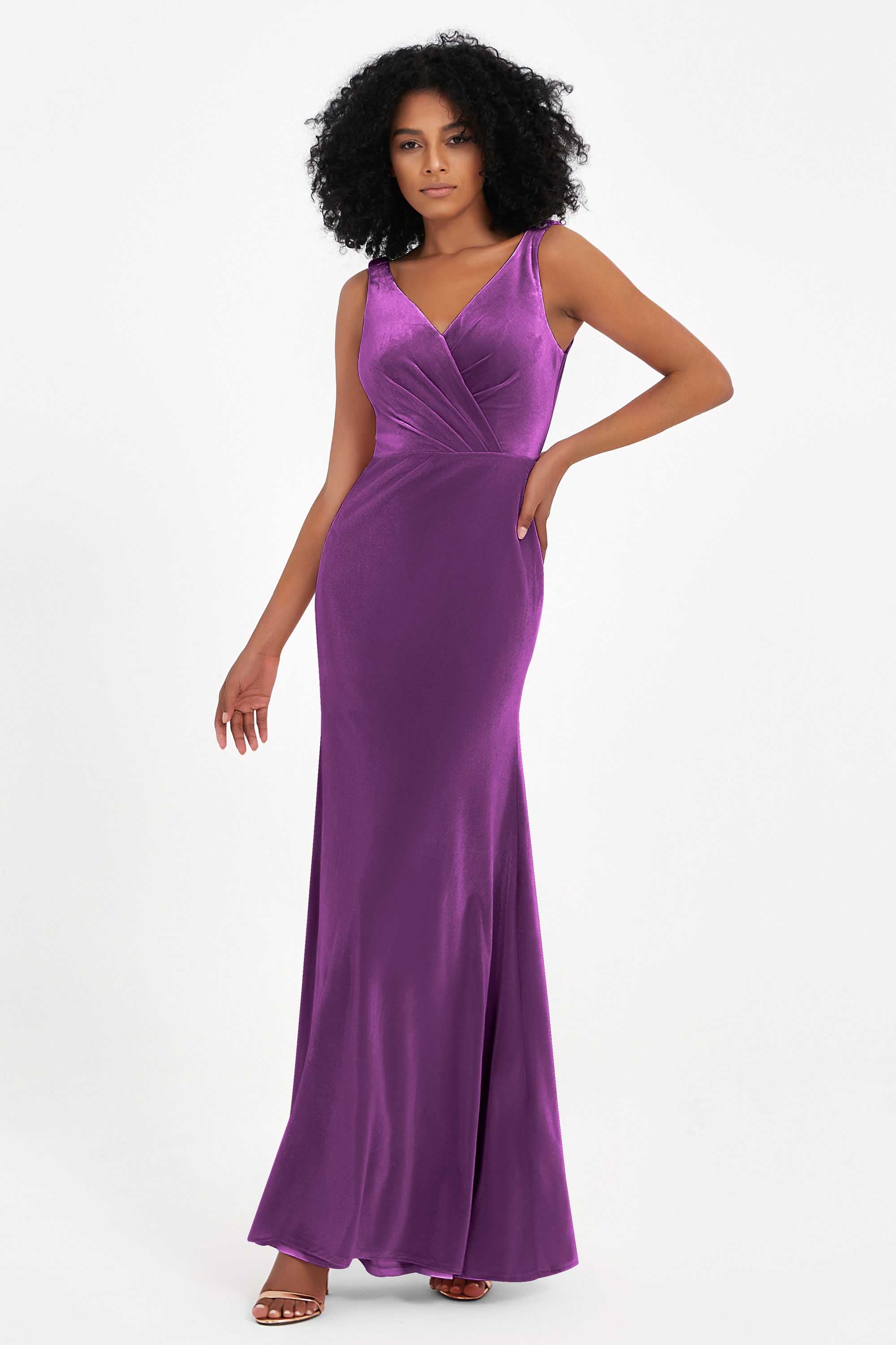V-neck Velvet Sleeveless Formal Evening Dresses Sheath Long Bridesmaid Prom Party Dress Gowns