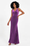 V-neck Velvet Sleeveless Formal Evening Dresses Sheath Long Bridesmaid Prom Party Dress Gowns