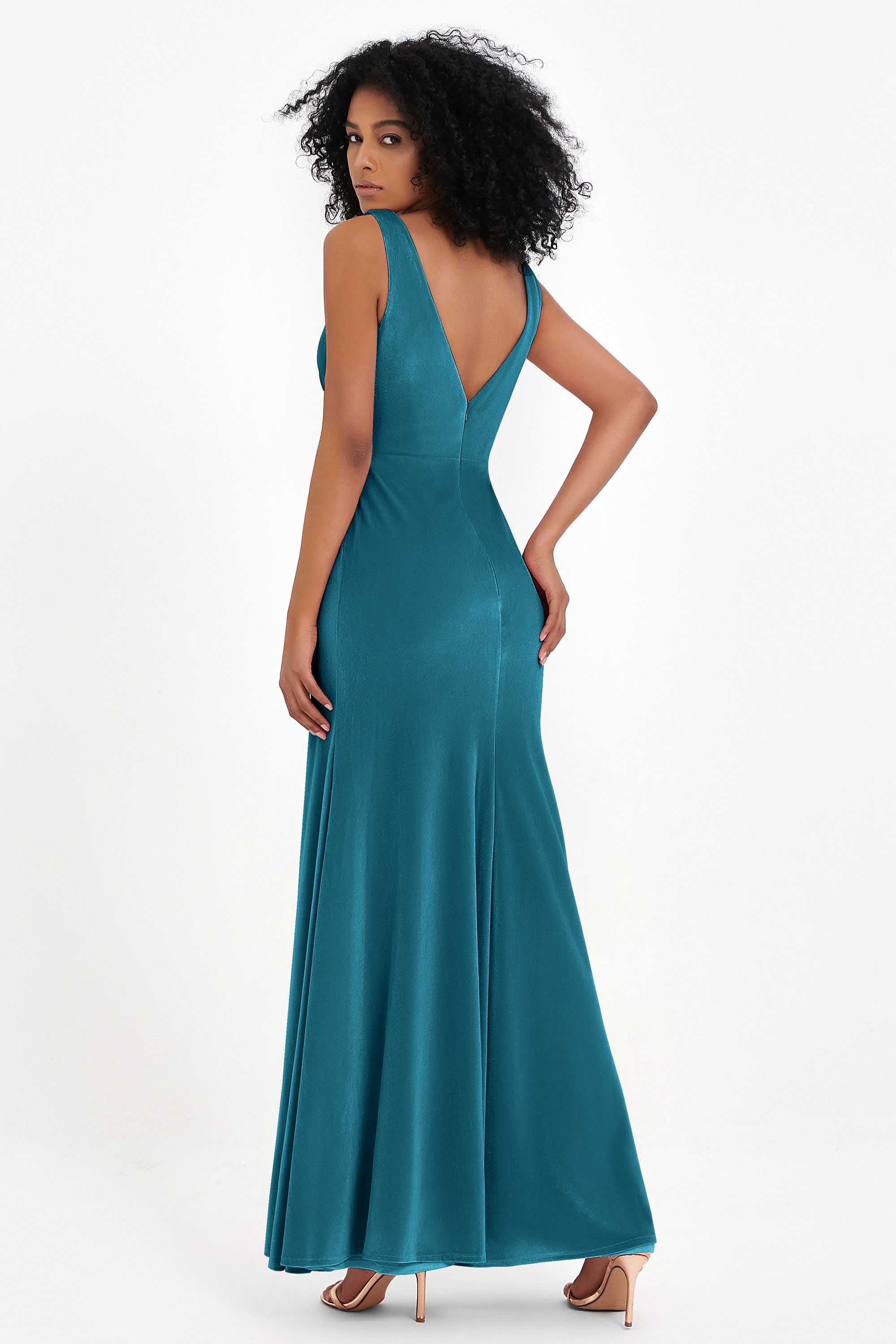 V-neck Velvet Sleeveless Formal Evening Dresses Sheath Long Bridesmaid Prom Party Dress Gowns