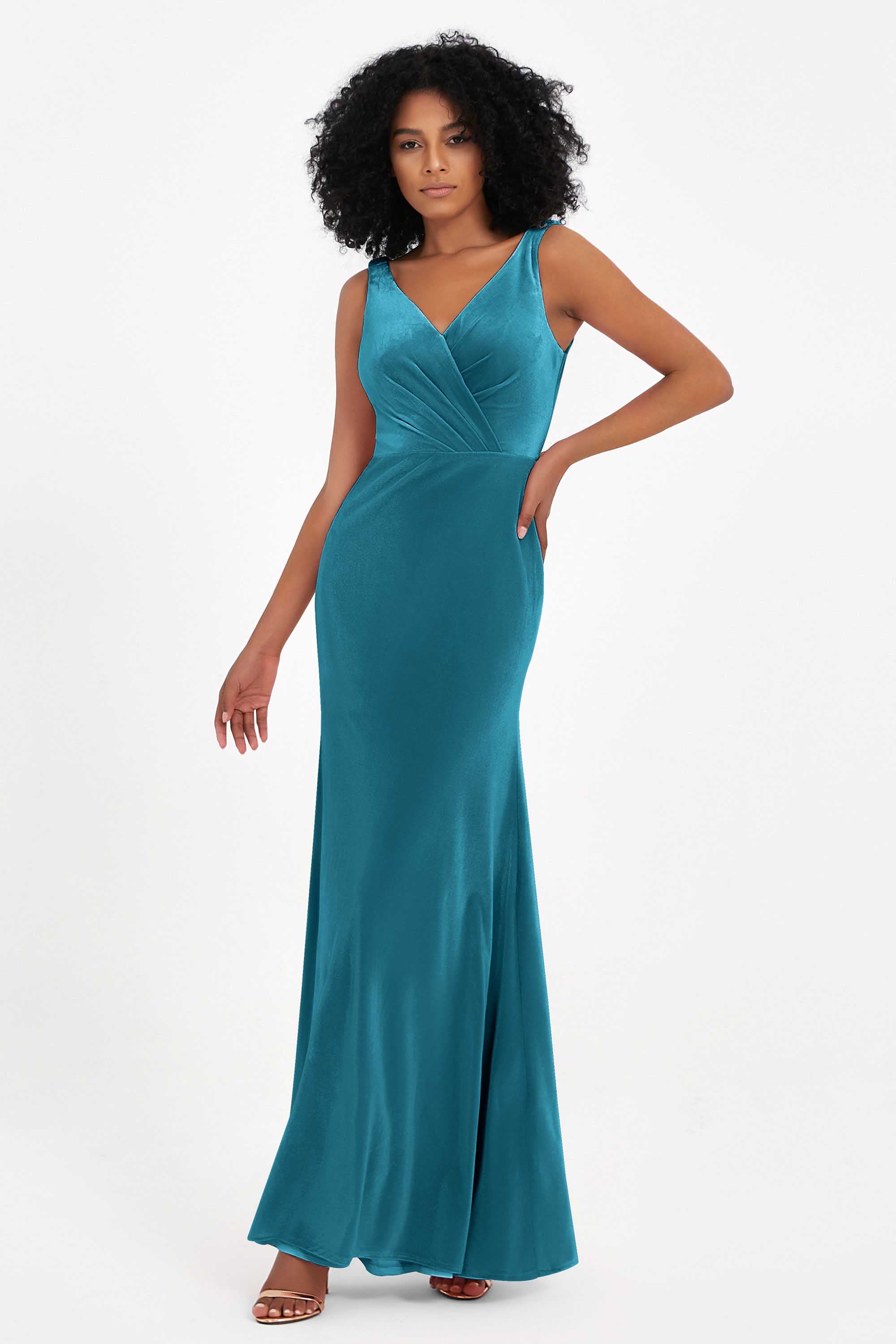 V-neck Velvet Sleeveless Formal Evening Dresses Sheath Long Bridesmaid Prom Party Dress Gowns