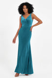 V-neck Velvet Sleeveless Formal Evening Dresses Sheath Long Bridesmaid Prom Party Dress Gowns