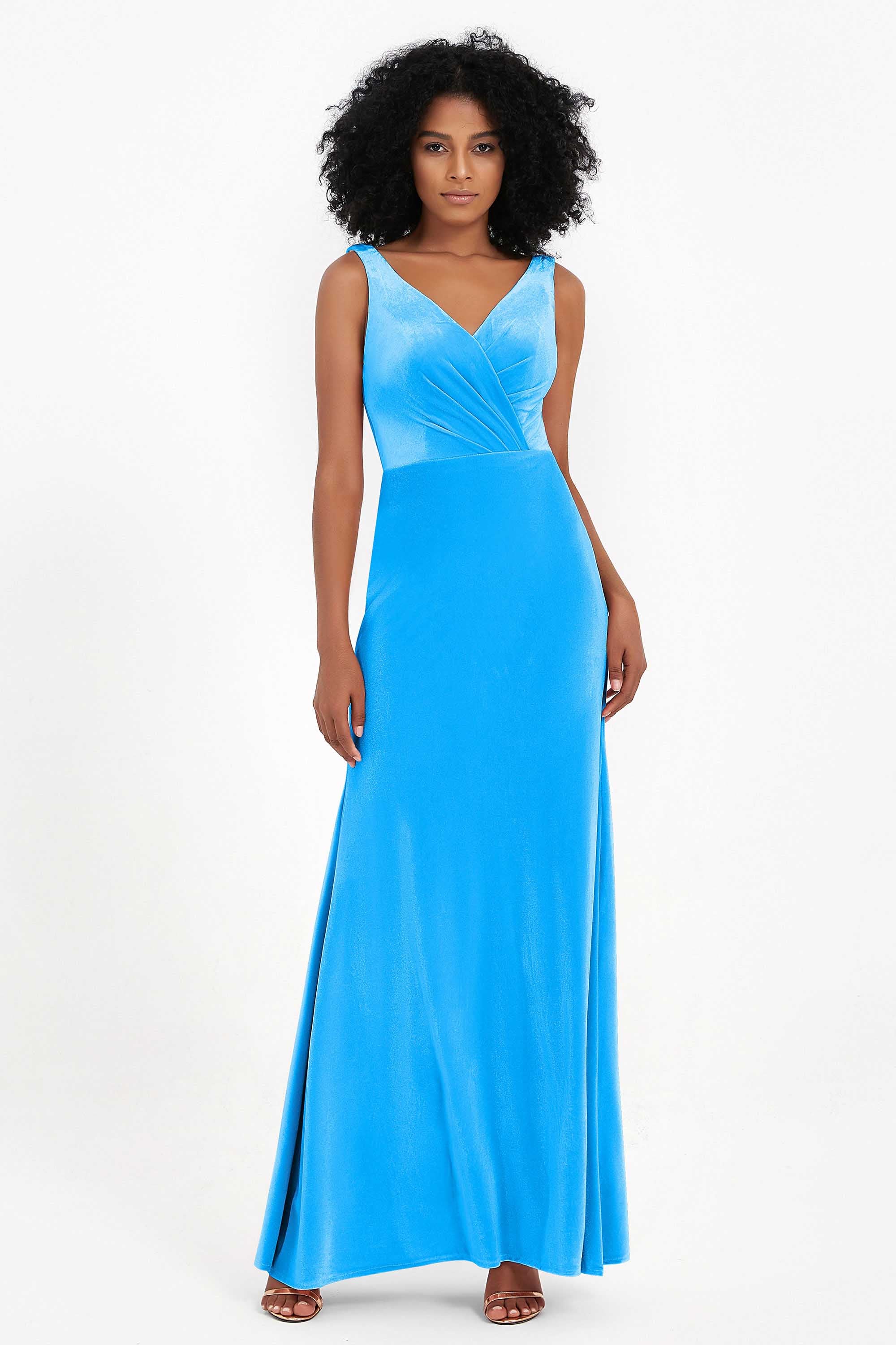 V-neck Velvet Sleeveless Formal Evening Dresses Sheath Long Bridesmaid Prom Party Dress Gowns