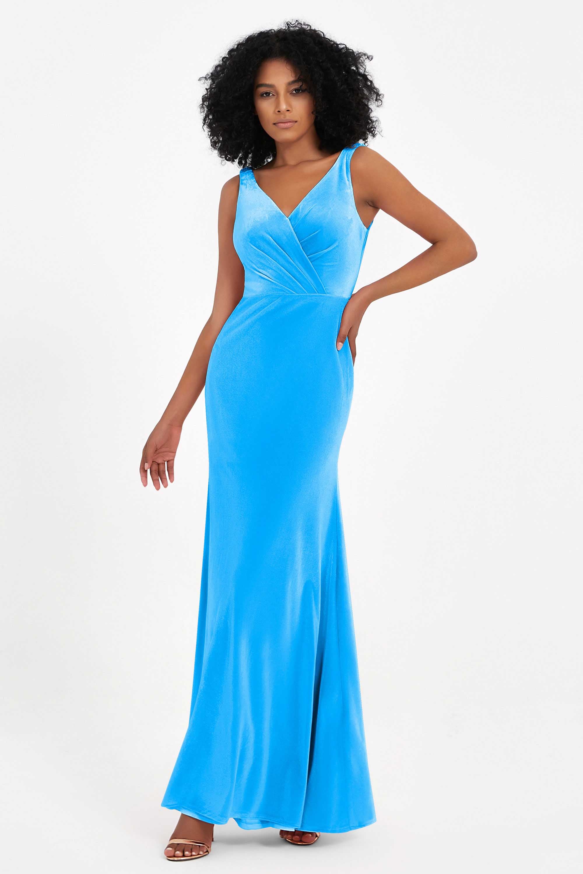 V-neck Velvet Sleeveless Formal Evening Dresses Sheath Long Bridesmaid Prom Party Dress Gowns