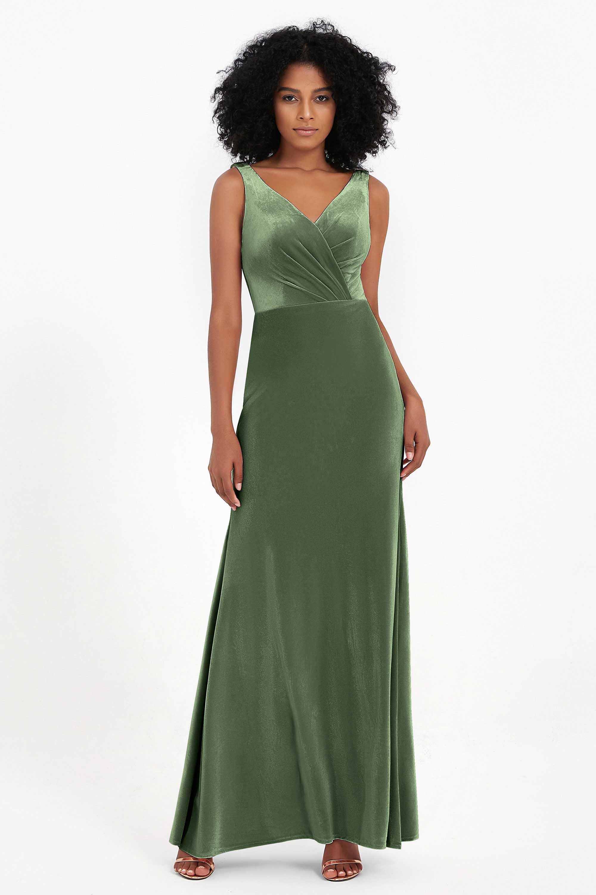 V-neck Velvet Sleeveless Formal Evening Dresses Sheath Long Bridesmaid Prom Party Dress Gowns