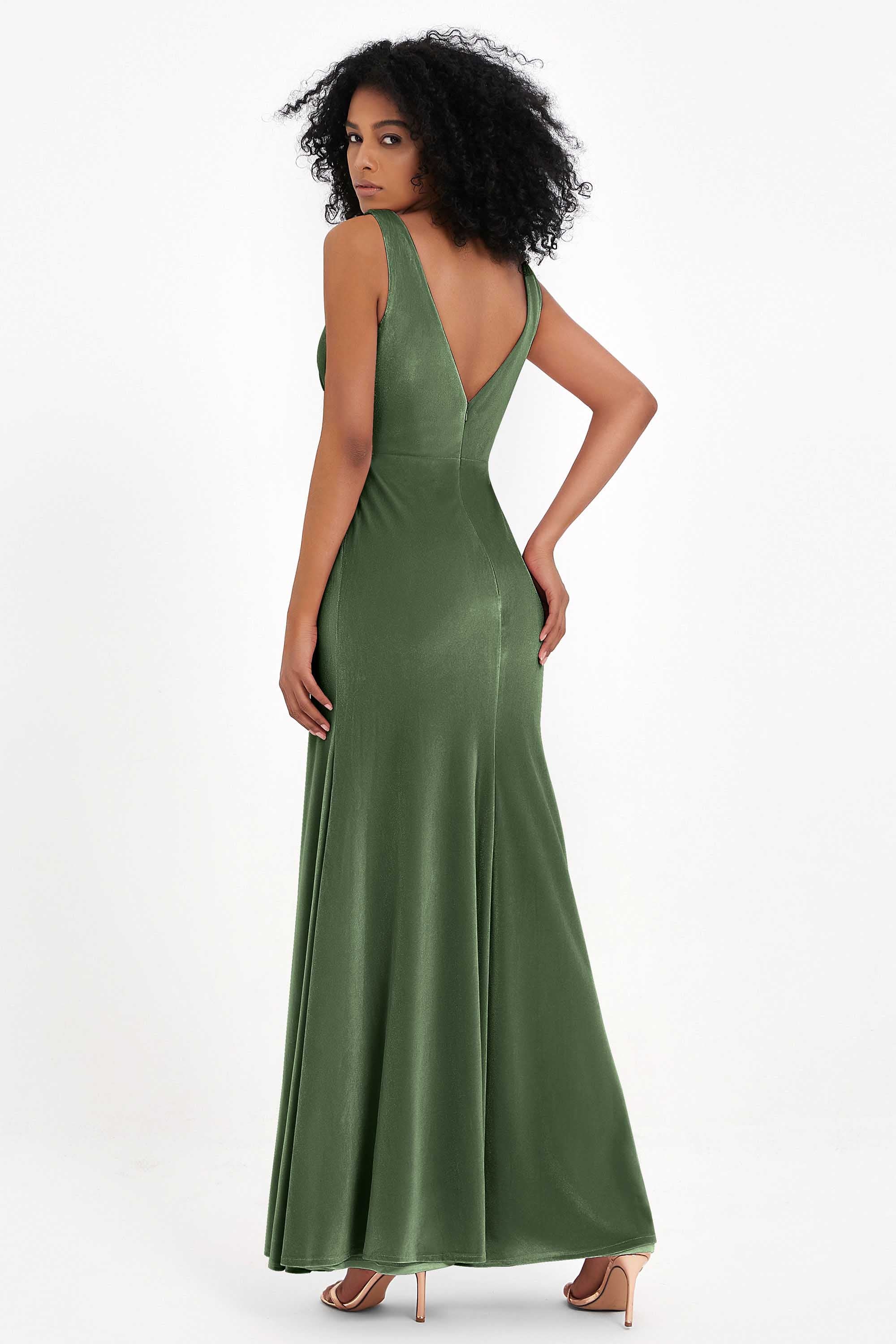 V-neck Velvet Sleeveless Formal Evening Dresses Sheath Long Bridesmaid Prom Party Dress Gowns