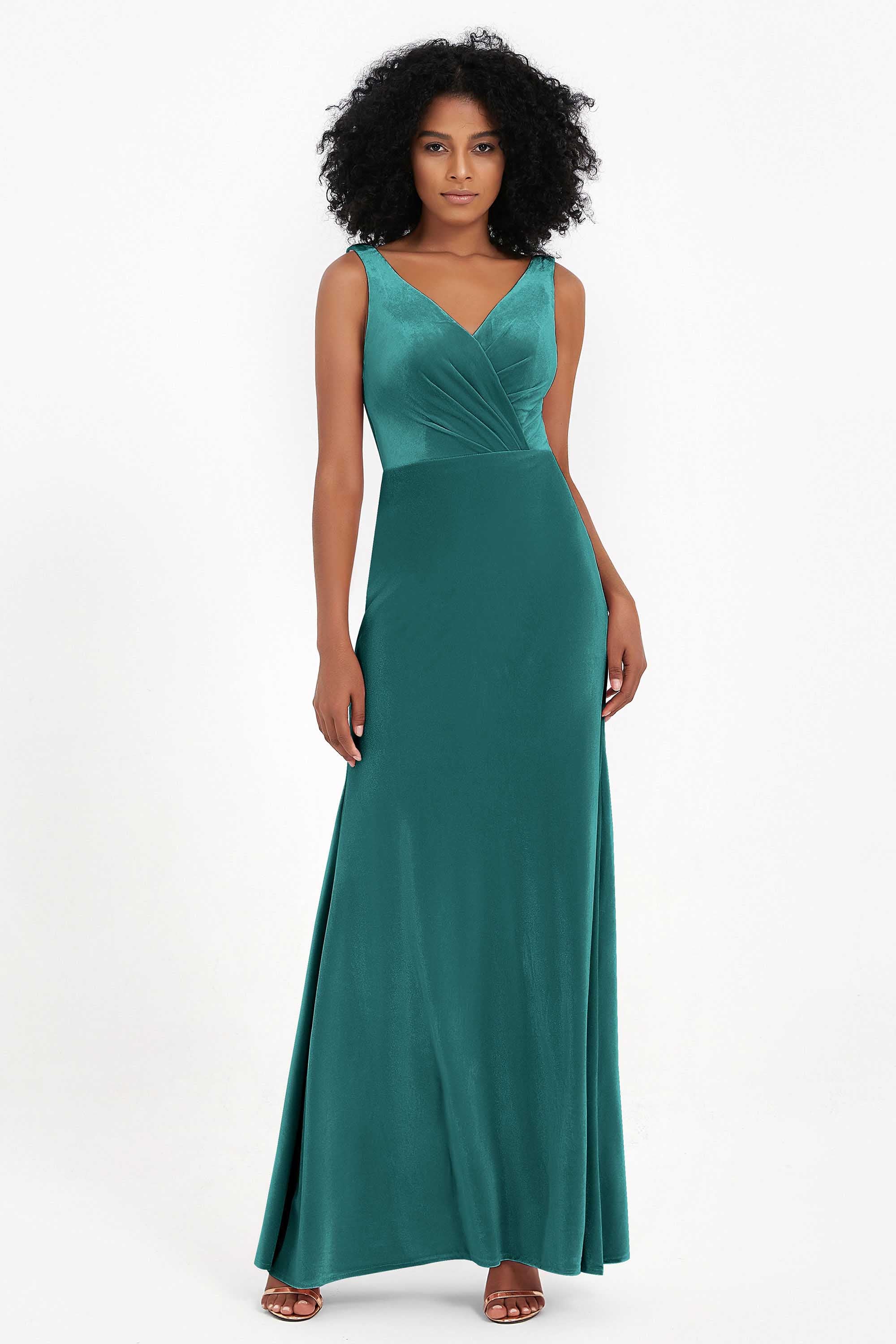 V-neck Velvet Sleeveless Formal Evening Dresses Sheath Long Bridesmaid Prom Party Dress Gowns