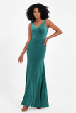 V-neck Velvet Sleeveless Formal Evening Dresses Sheath Long Bridesmaid Prom Party Dress Gowns