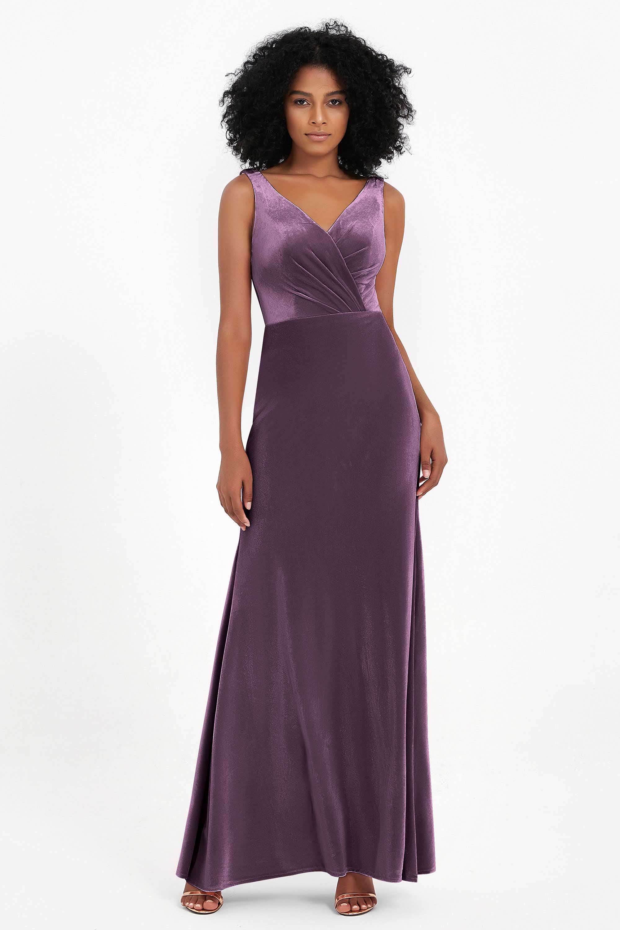 V-neck Velvet Sleeveless Formal Evening Dresses Sheath Long Bridesmaid Prom Party Dress Gowns