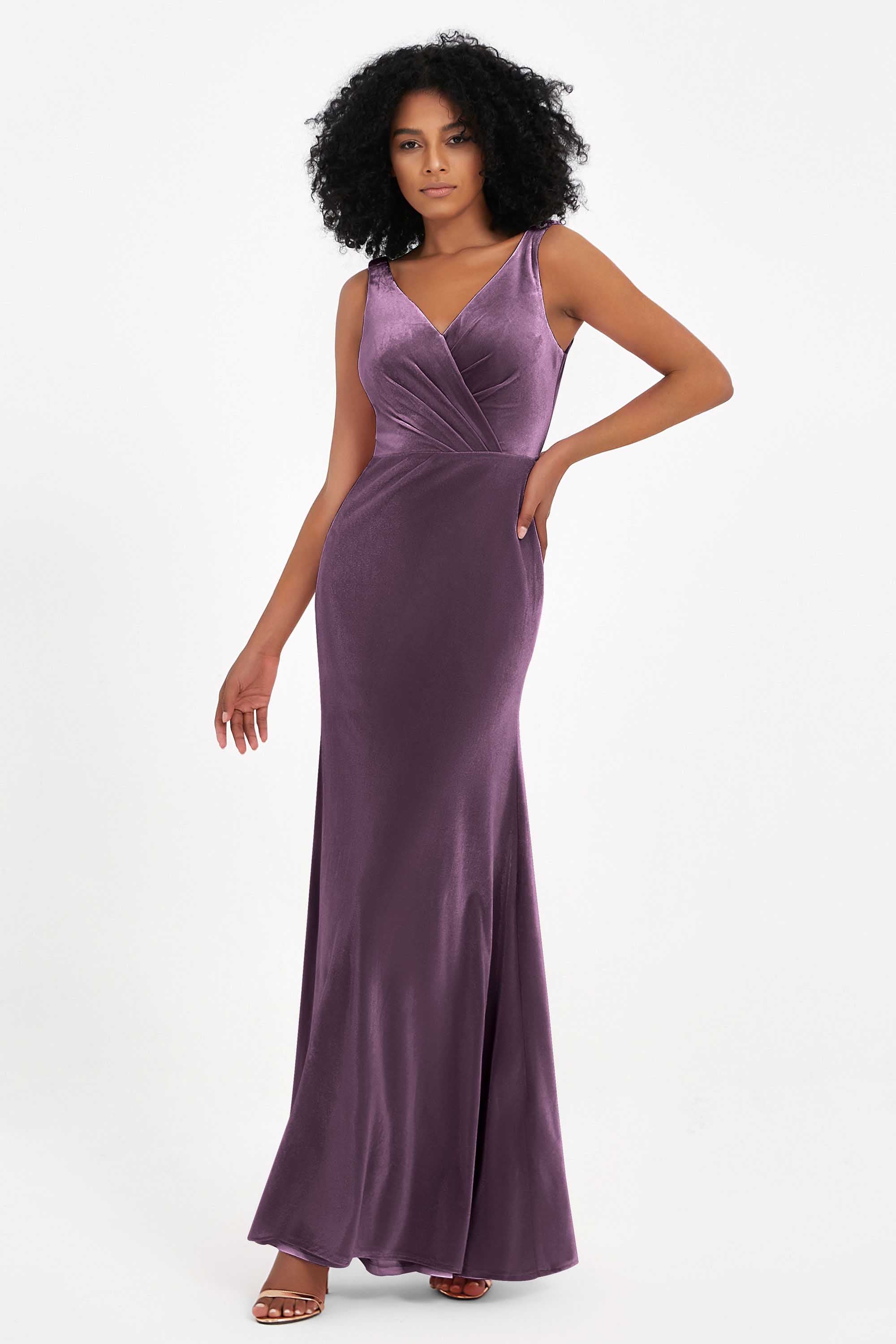 V-neck Velvet Sleeveless Formal Evening Dresses Sheath Long Bridesmaid Prom Party Dress Gowns
