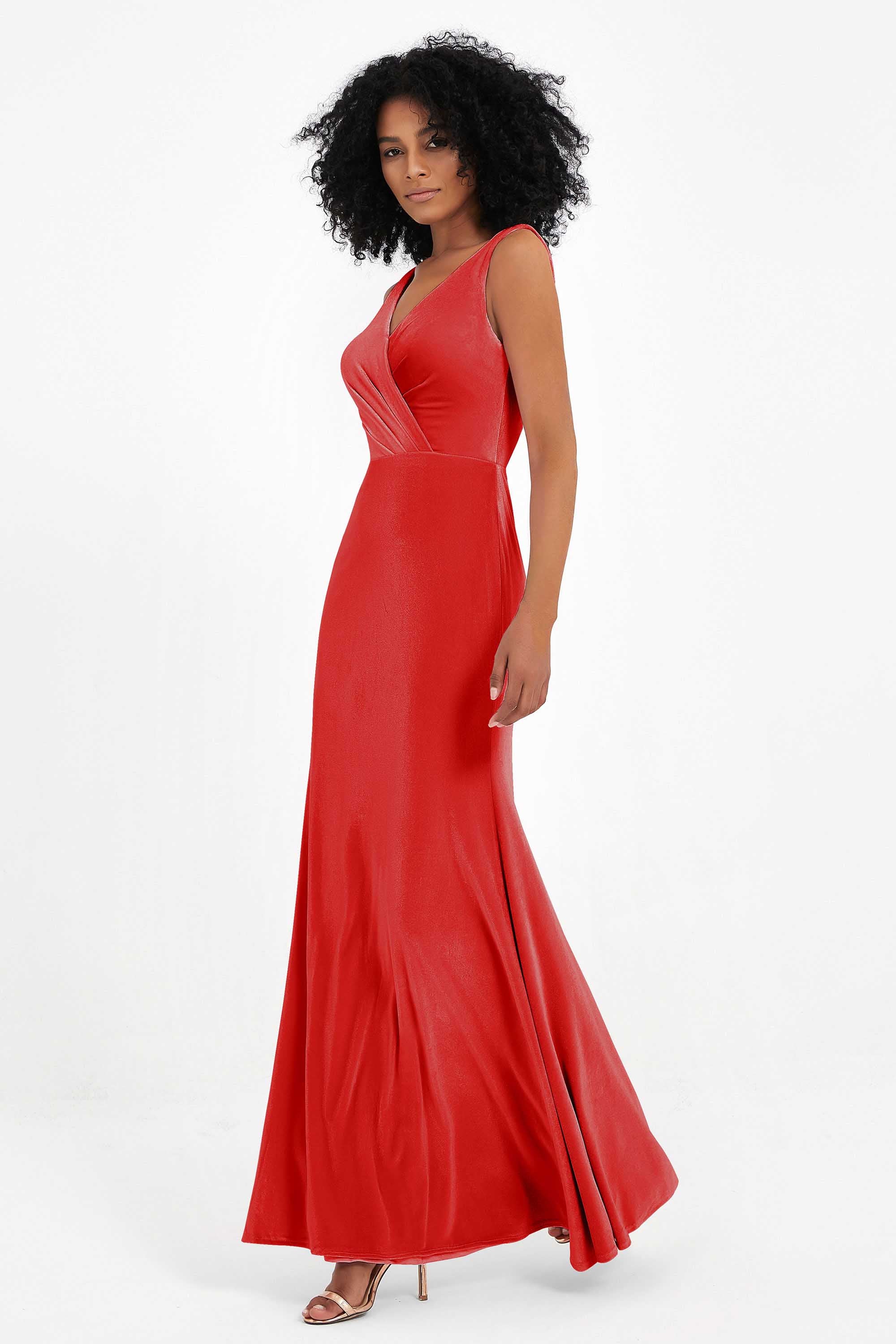 V-neck Velvet Sleeveless Formal Evening Dresses Sheath Long Bridesmaid Prom Party Dress Gowns