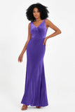 V-neck Velvet Sleeveless Formal Evening Dresses Sheath Long Bridesmaid Prom Party Dress Gowns