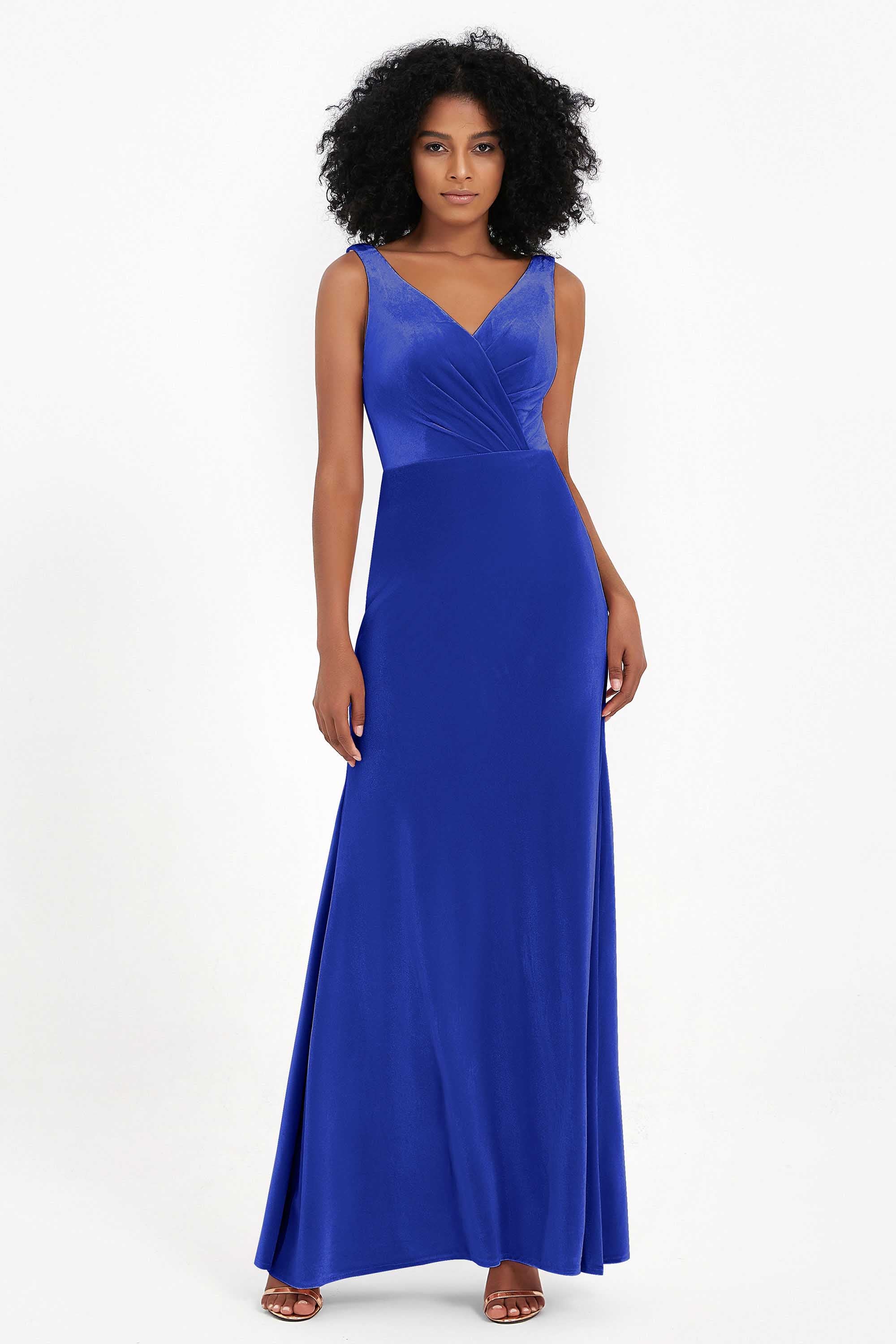 V-neck Velvet Sleeveless Formal Evening Dresses Sheath Long Bridesmaid Prom Party Dress Gowns