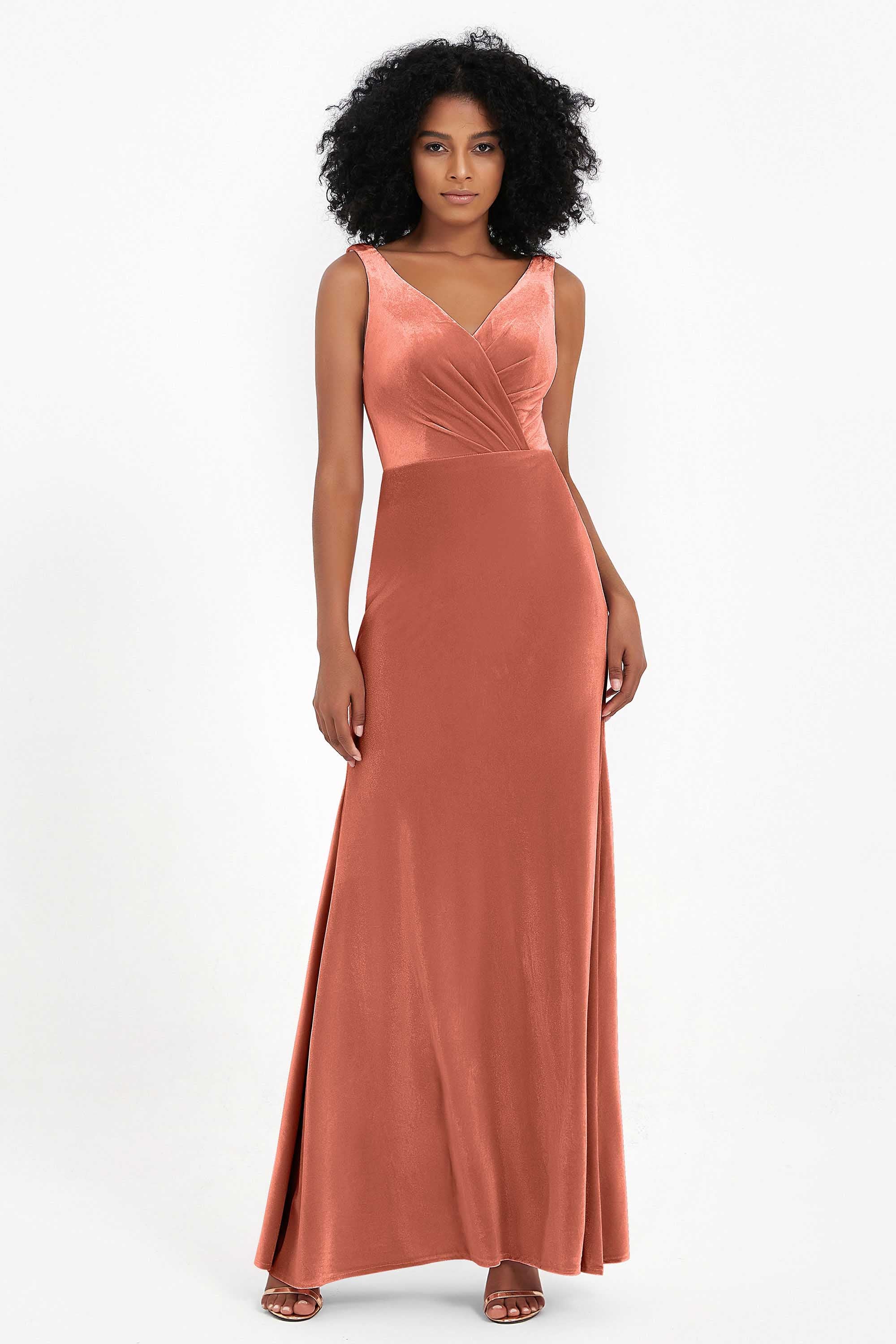V-neck Velvet Sleeveless Formal Evening Dresses Sheath Long Bridesmaid Prom Party Dress Gowns