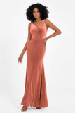 V-neck Velvet Sleeveless Formal Evening Dresses Sheath Long Bridesmaid Prom Party Dress Gowns