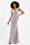 V-neck Velvet Sleeveless Formal Evening Dresses Sheath Long Bridesmaid Prom Party Dress Gowns