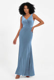 V-neck Velvet Sleeveless Formal Evening Dresses Sheath Long Bridesmaid Prom Party Dress Gowns