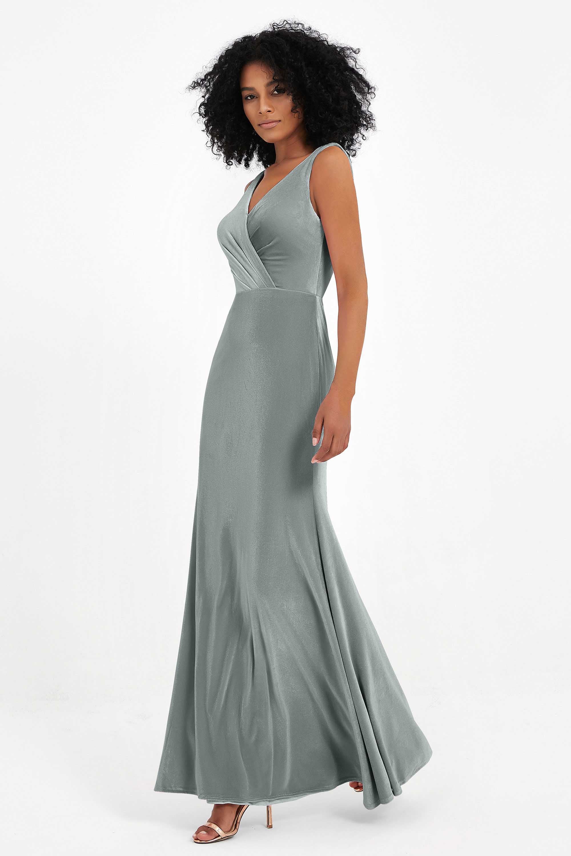 V-neck Velvet Sleeveless Formal Evening Dresses Sheath Long Bridesmaid Prom Party Dress Gowns