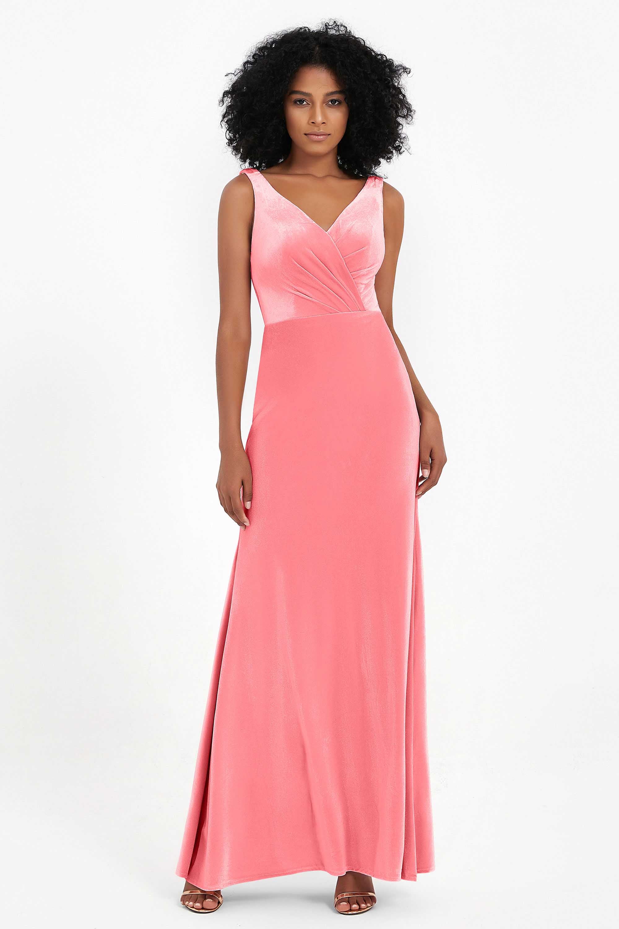 V-neck Velvet Sleeveless Formal Evening Dresses Sheath Long Bridesmaid Prom Party Dress Gowns