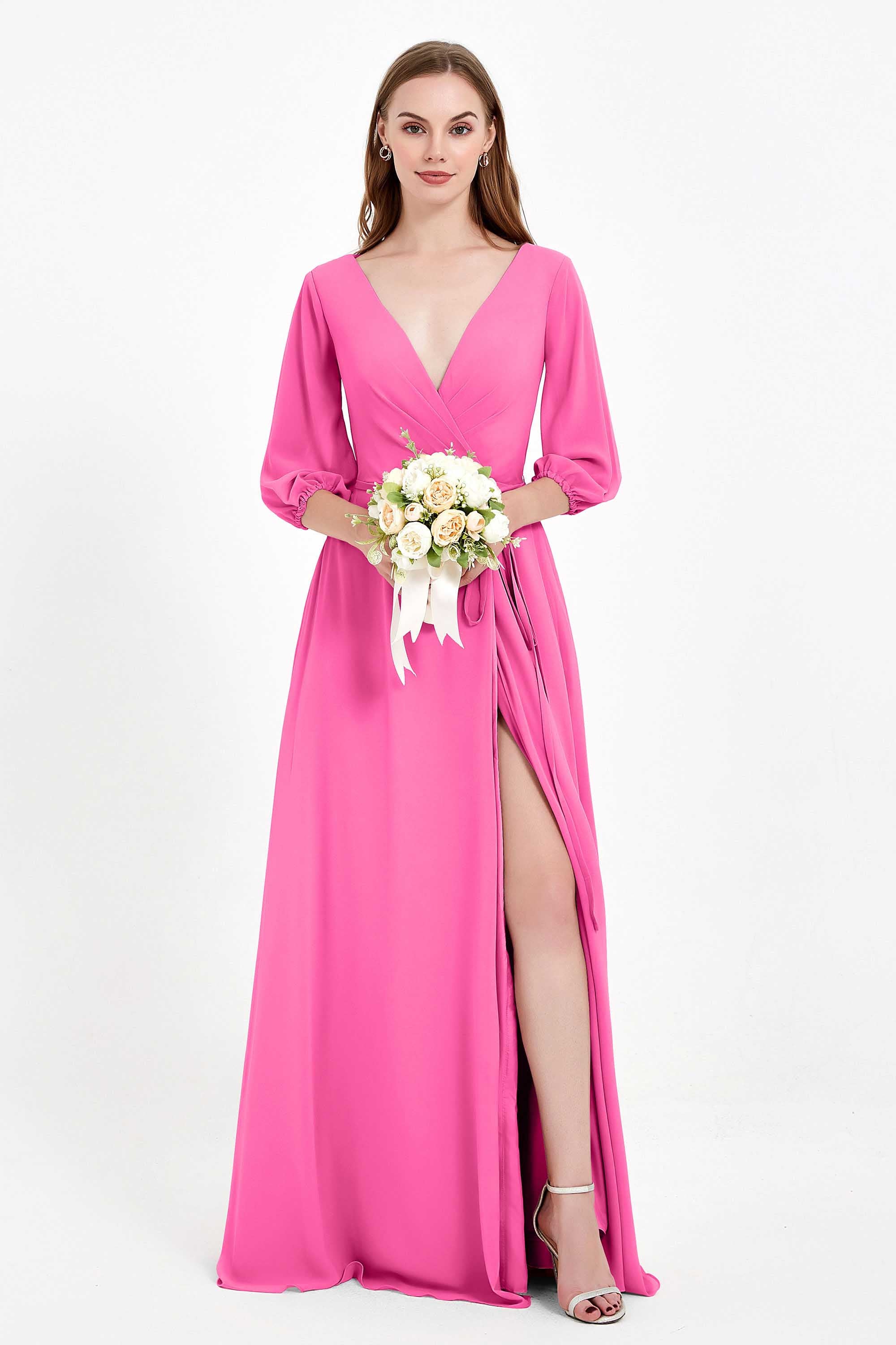 Long Sleeves V Neck Chiffon Bridesmaid Dresses Mother of the Bride Dress Evening Party Gowns