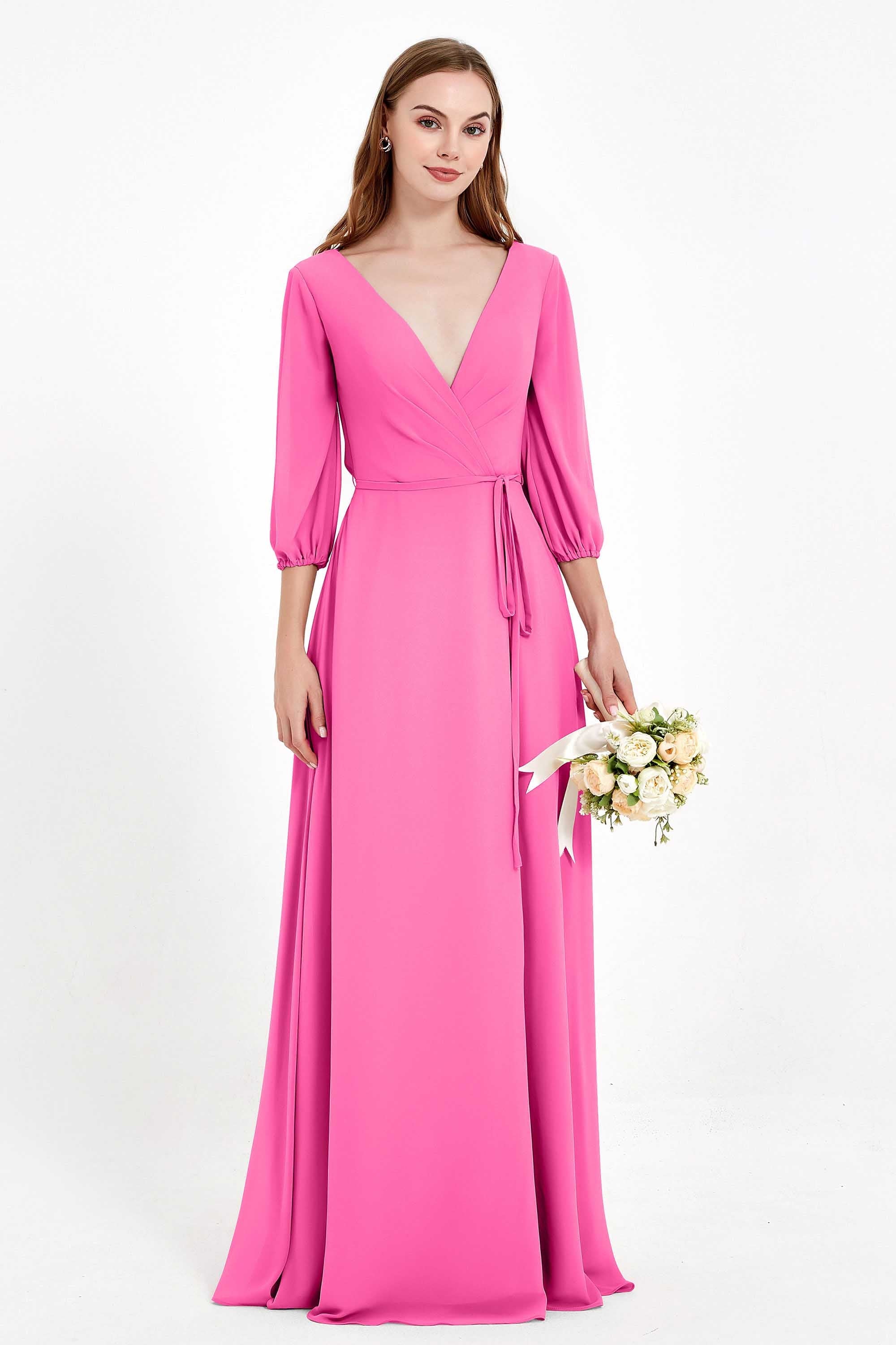 Long Sleeves V Neck Chiffon Bridesmaid Dresses Mother of the Bride Dress Evening Party Gowns