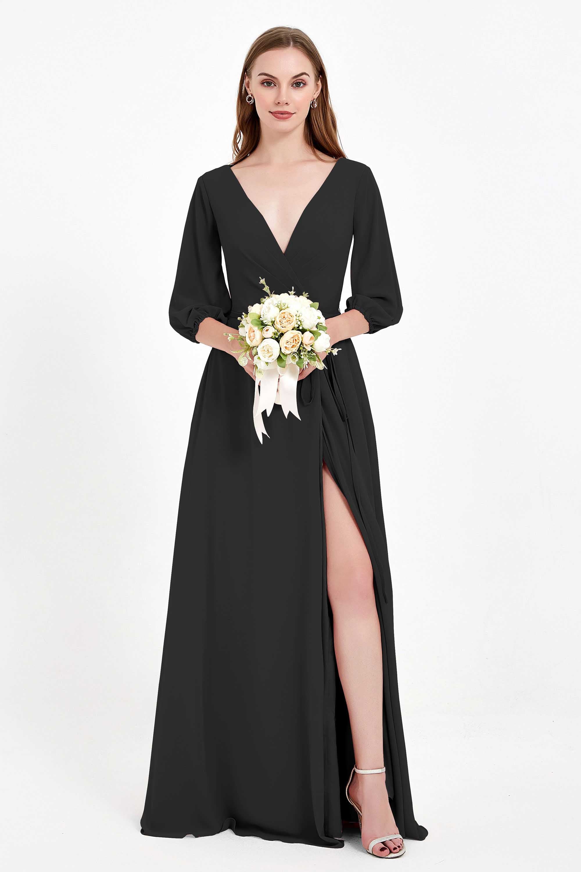 Long Sleeves V Neck Chiffon Bridesmaid Dresses Mother of the Bride Dress Evening Party Gowns