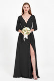 Long Sleeves V Neck Chiffon Bridesmaid Dresses Mother of the Bride Dress Evening Party Gowns