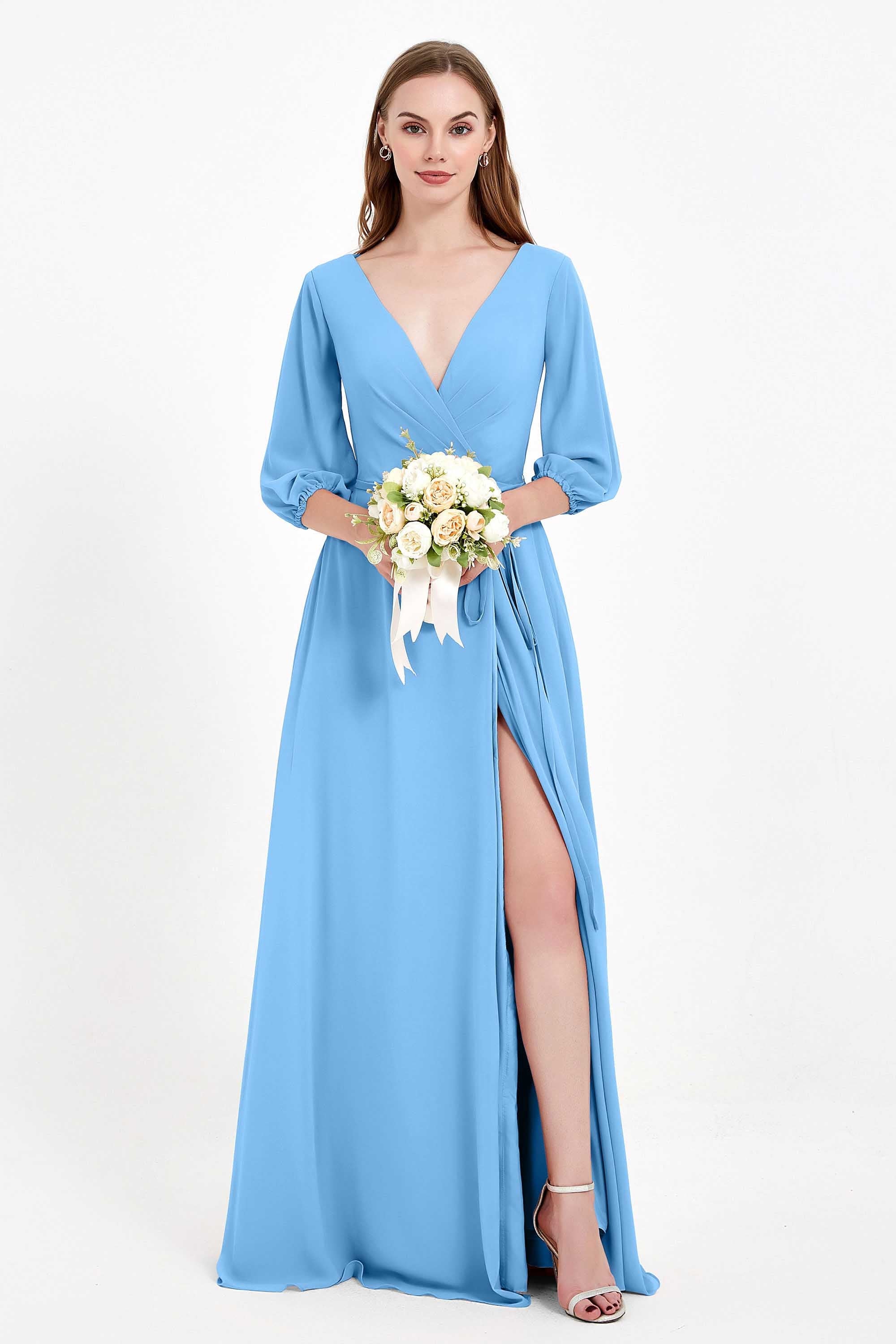 Long Sleeves V Neck Chiffon Bridesmaid Dresses Mother of the Bride Dress Evening Party Gowns