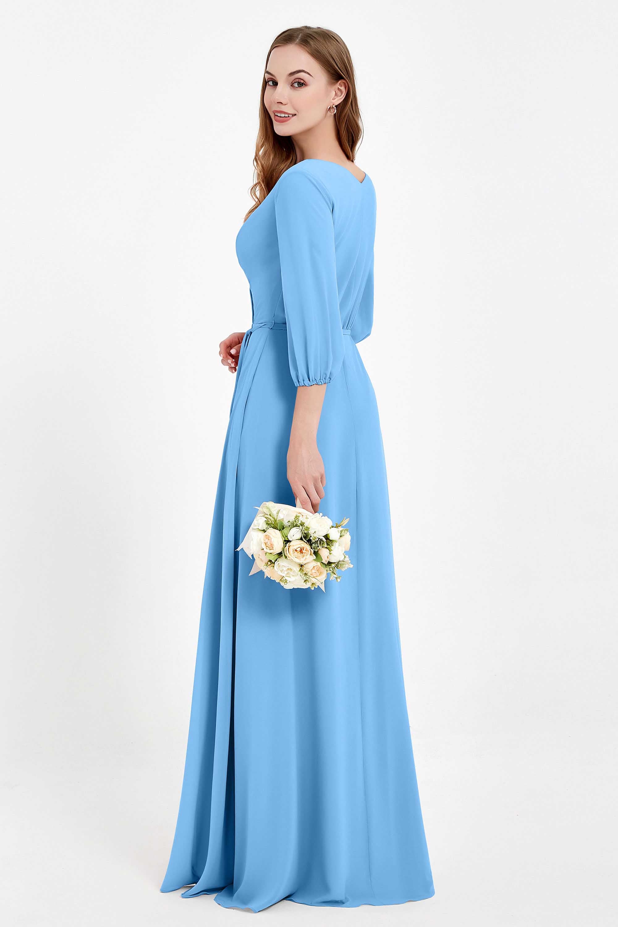 Long Sleeves V Neck Chiffon Bridesmaid Dresses Mother of the Bride Dress Evening Party Gowns