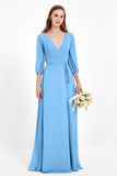 Long Sleeves V Neck Chiffon Bridesmaid Dresses Mother of the Bride Dress Evening Party Gowns