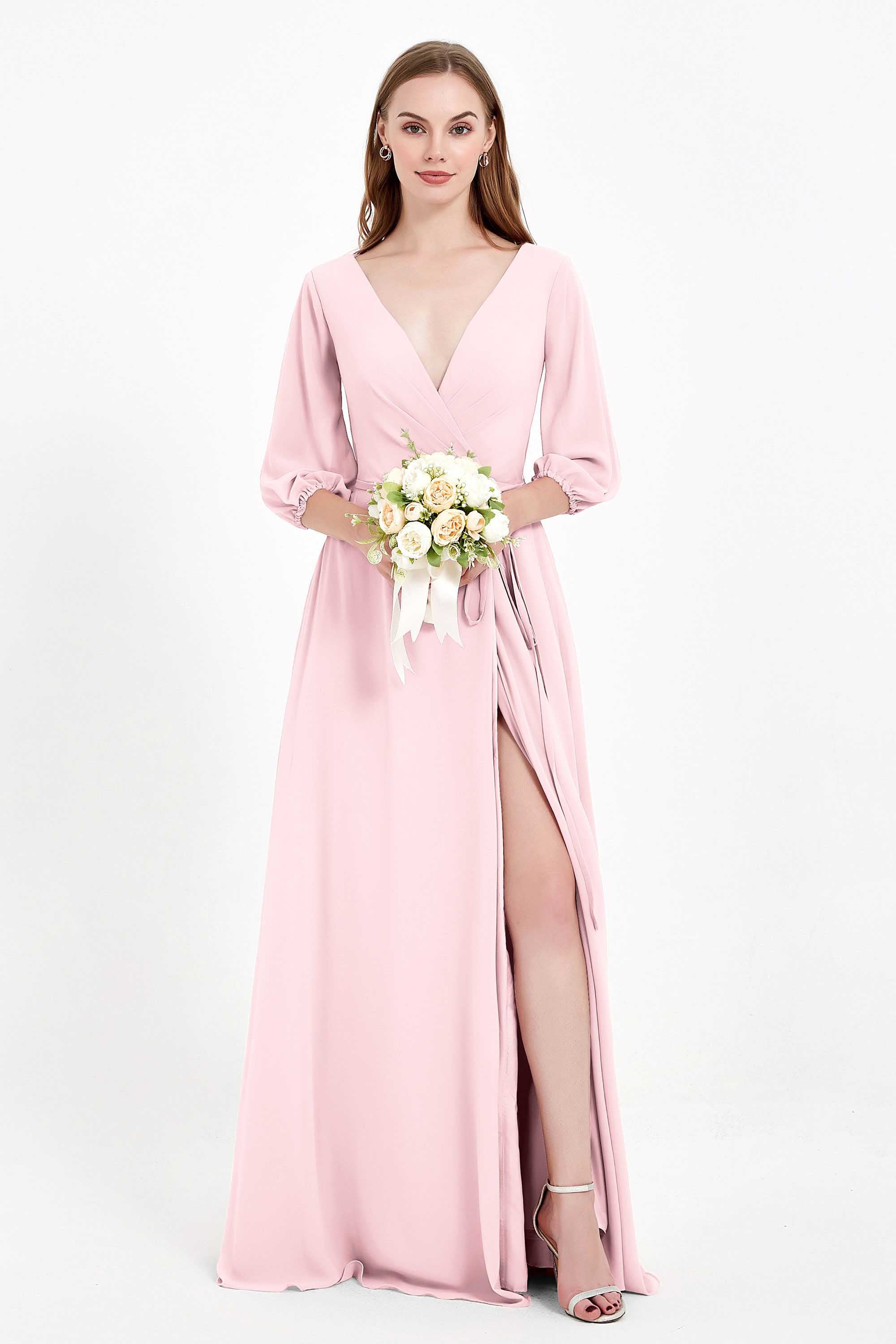 Long Sleeves V Neck Chiffon Bridesmaid Dresses Mother of the Bride Dress Evening Party Gowns