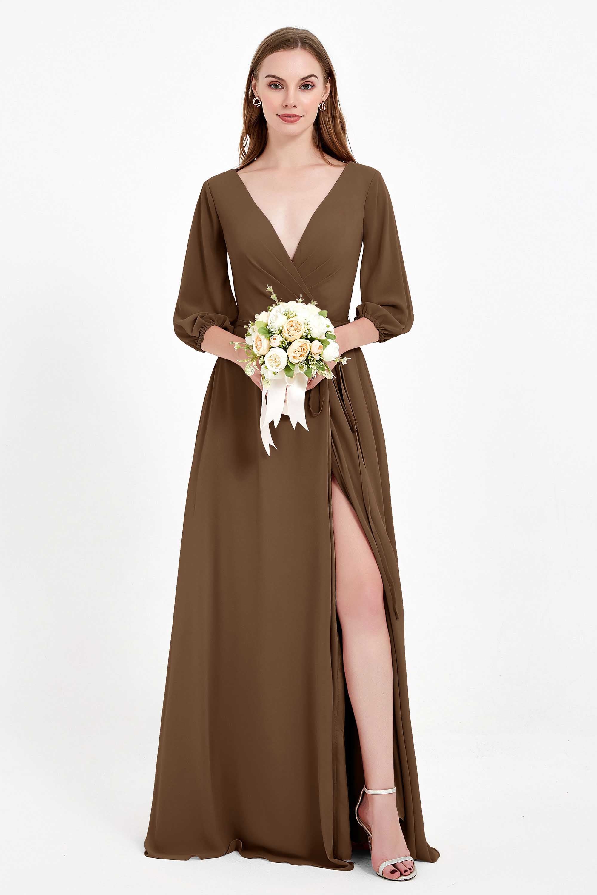 Long Sleeves V Neck Chiffon Bridesmaid Dresses Mother of the Bride Dress Evening Party Gowns